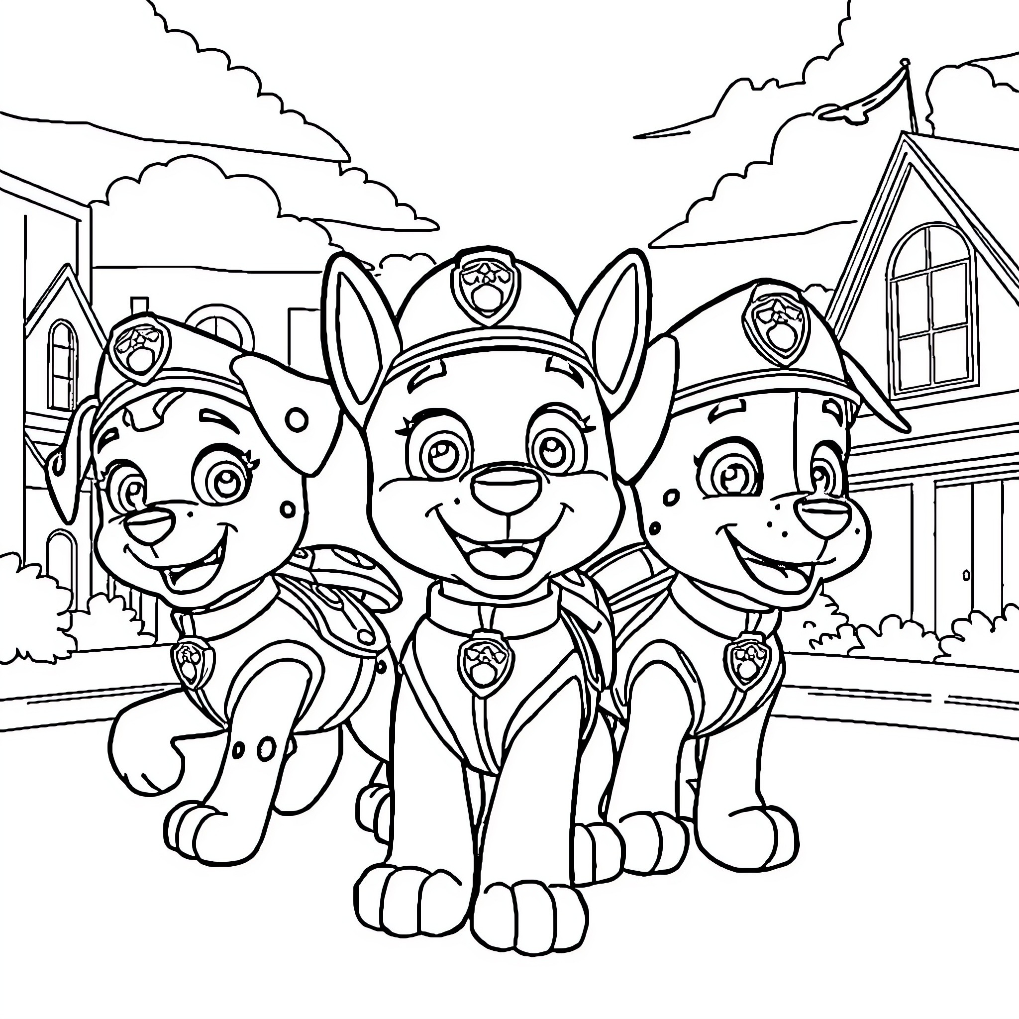 Paw Patrol Puppies on Duty in Cartoon Town Coloring Page (free black-and-white line drawing printable PDF for all, from beginners to advanced learners, including children, teens, adults, and seniors)