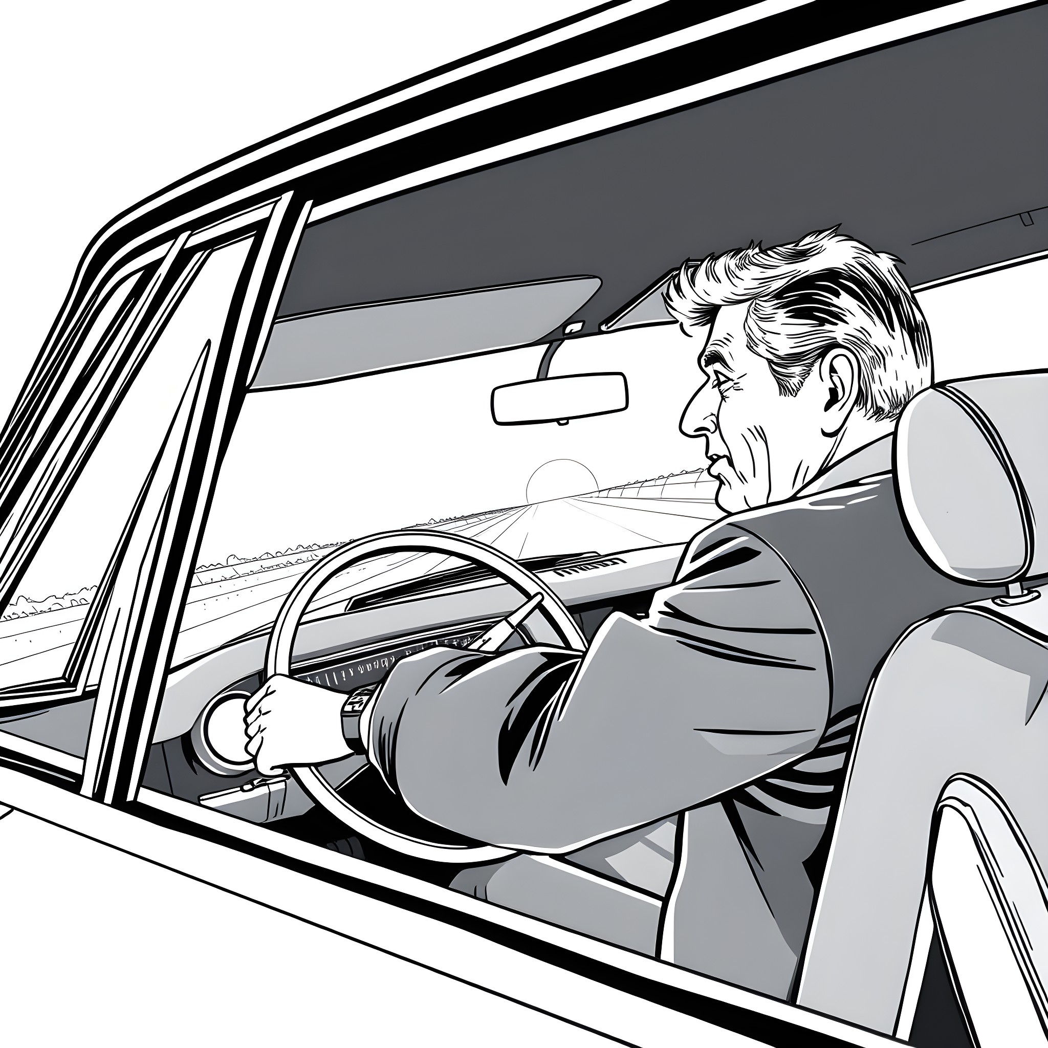 Robert De Niro driving a car with intense expression Coloring Page (free black-and-white line drawing printable PDF for all, from beginners to advanced learners, including children, teens, adults, and seniors)
