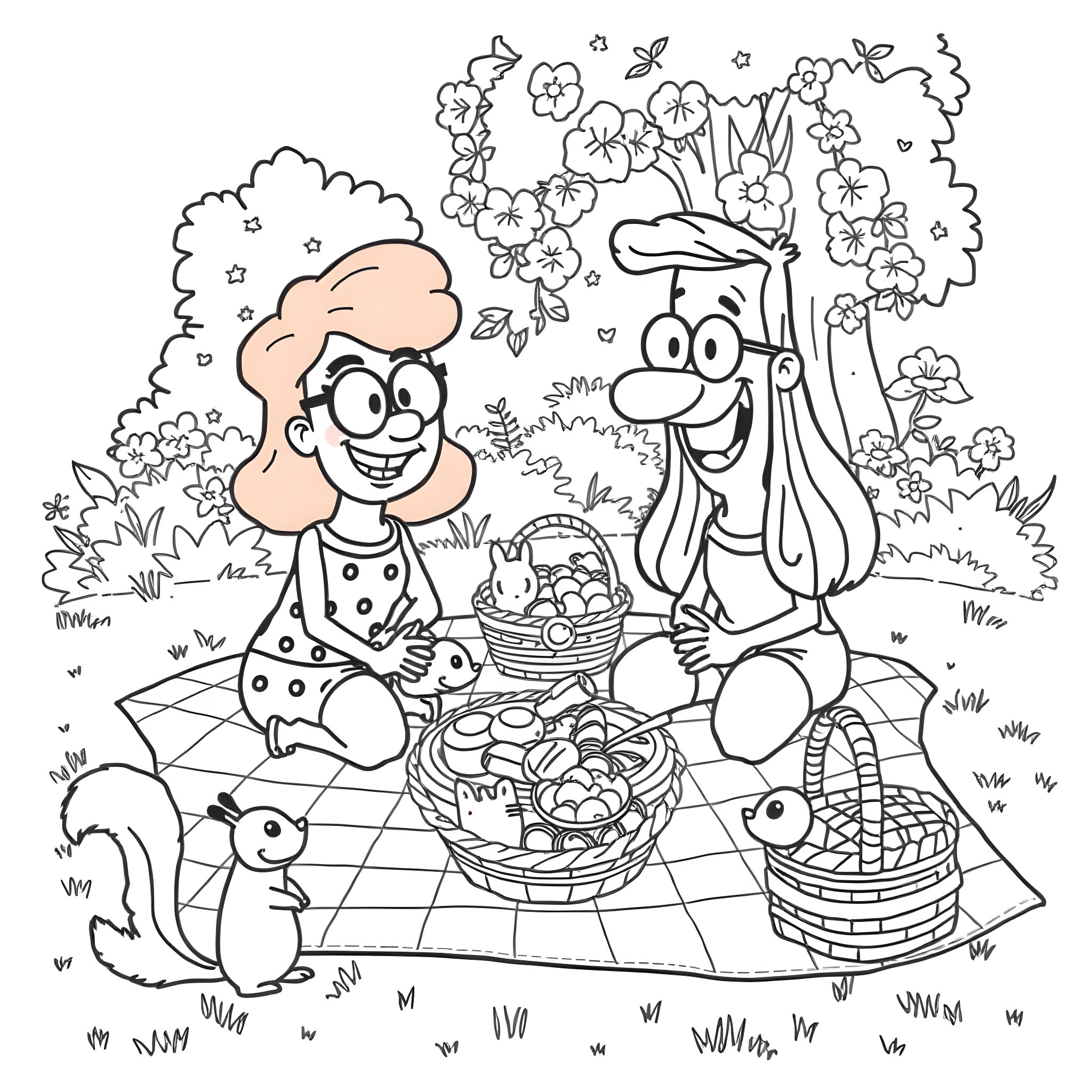 Bob's Picnic with Squirrels and Flowers Coloring Page (free black-and-white line drawing printable PDF for all, from beginners to advanced learners, including children, teens, adults, and seniors)