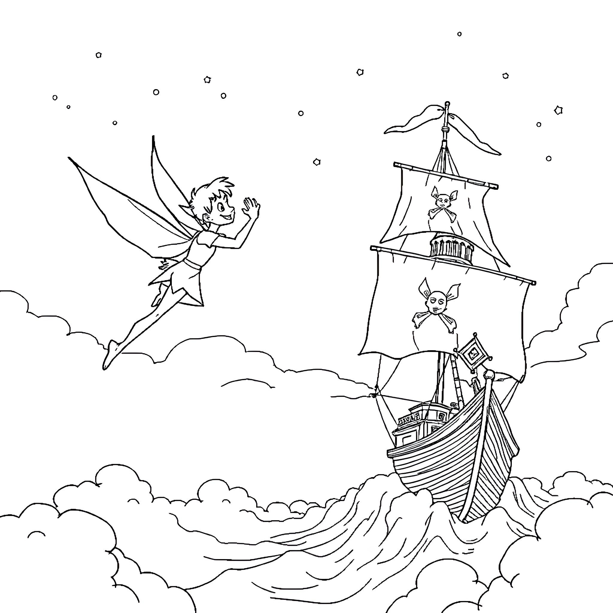 Peter Pan soaring through the sky with a pirate ship Coloring Page (free black-and-white line drawing printable PDF for all, from beginners to advanced learners, including children, teens, adults, and seniors)