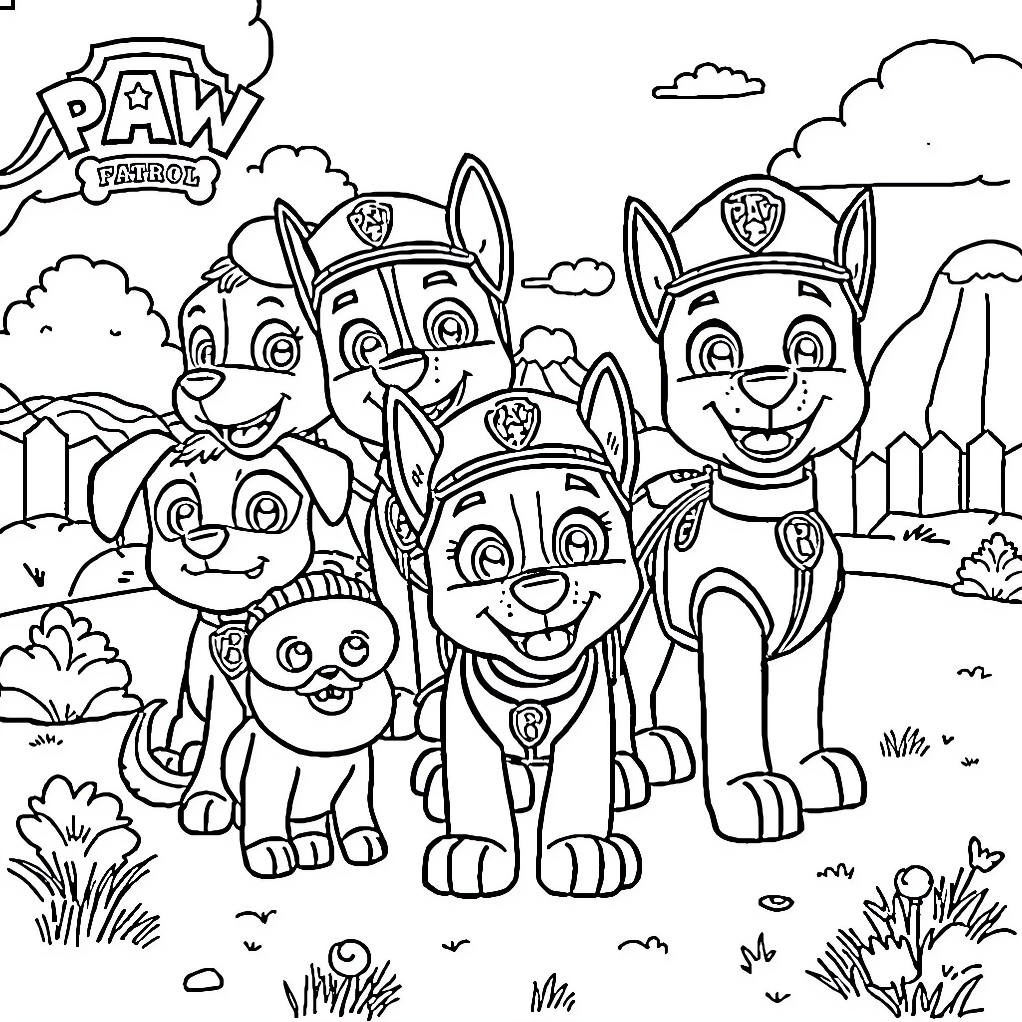 Paw Patrol puppies on an adventure in the park Coloring Page (free black-and-white line drawing printable PDF for all, from beginners to advanced learners, including children, teens, adults, and seniors)