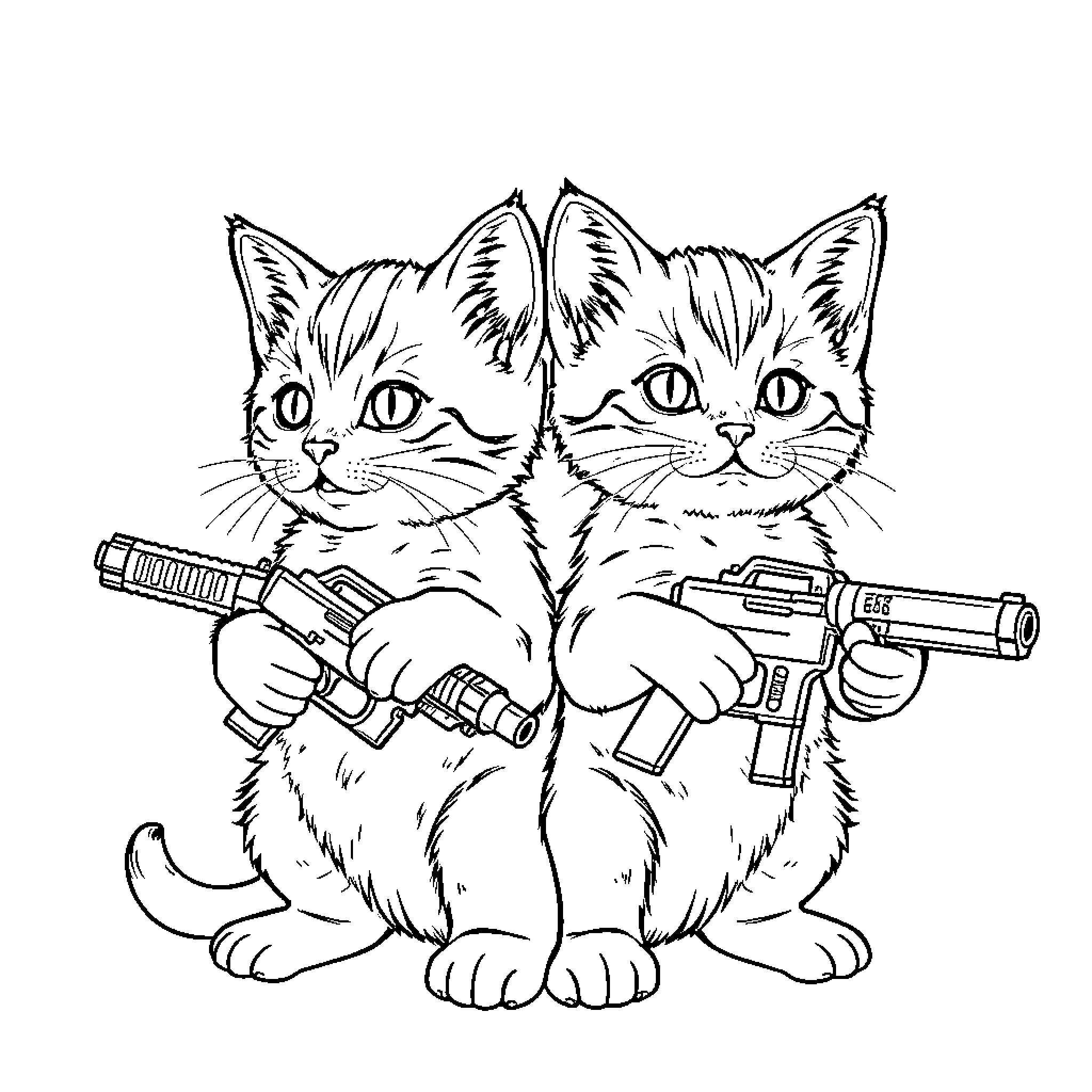 Kittens wielding toy guns Coloring Page (free black-and-white line drawing printable PDF for all, from beginners to advanced learners, including children, teens, adults, and seniors)