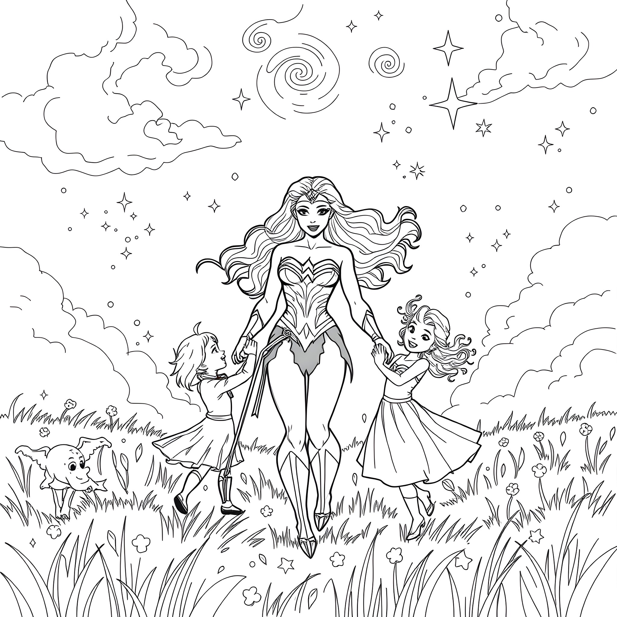 Wonder Woman heroically protects a young girl in a fantastical scene Coloring Page (free black-and-white line drawing printable PDF for all, from beginners to advanced learners, including children, teens, adults, and seniors)