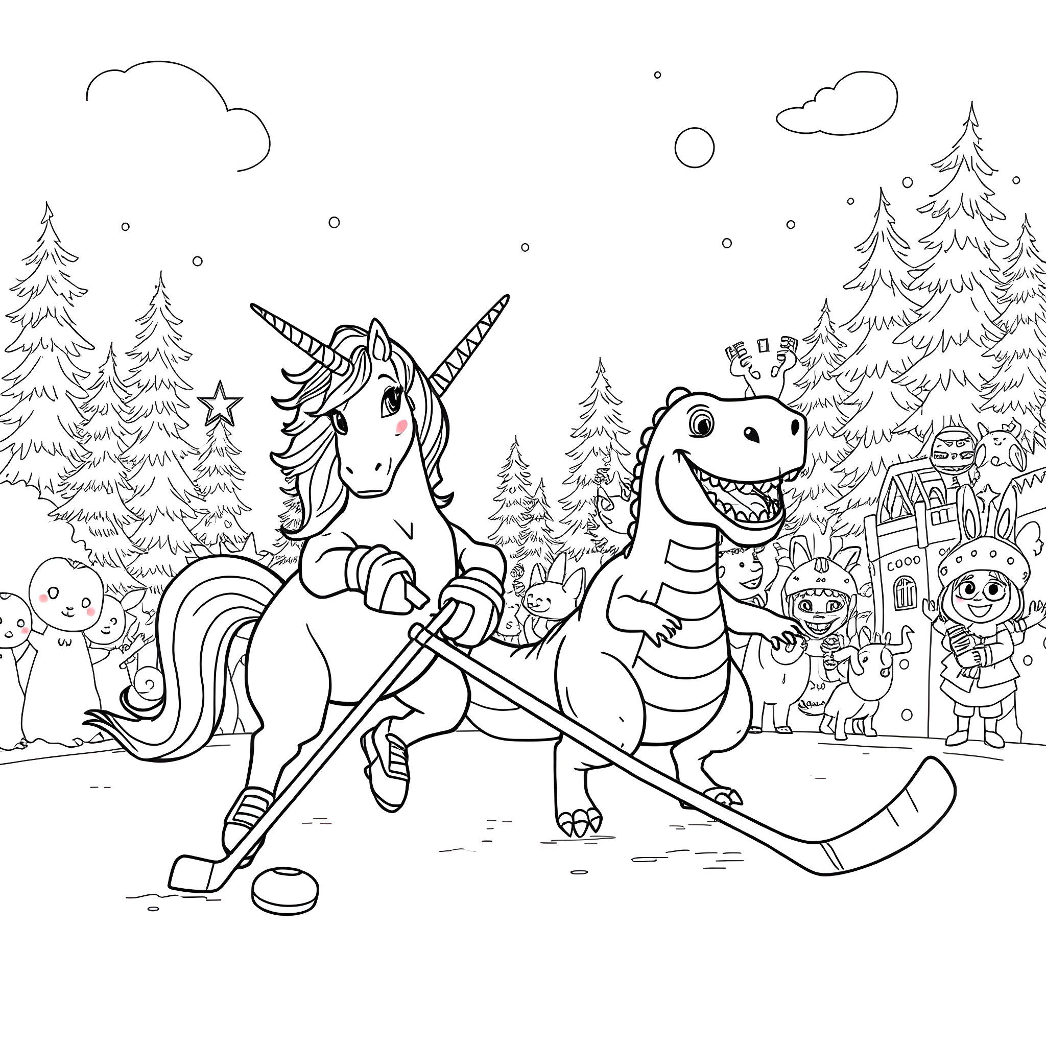 Unicorn and Dinosaur Playing Hockey in Snowy Forest Coloring Page (free black-and-white line drawing printable PDF for all, from beginners to advanced learners, including children, teens, adults, and seniors)