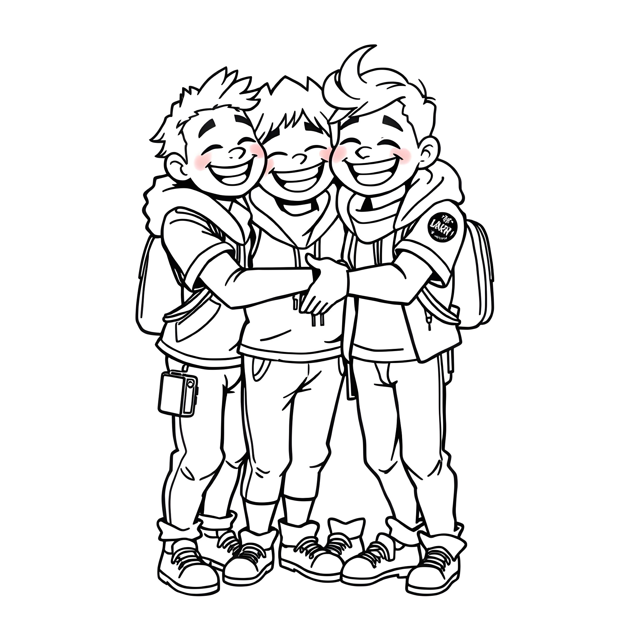 Neebs trio of friends enjoying each other's company Coloring Page (free black-and-white line drawing printable PDF for all, from beginners to advanced learners, including children, teens, adults, and seniors)