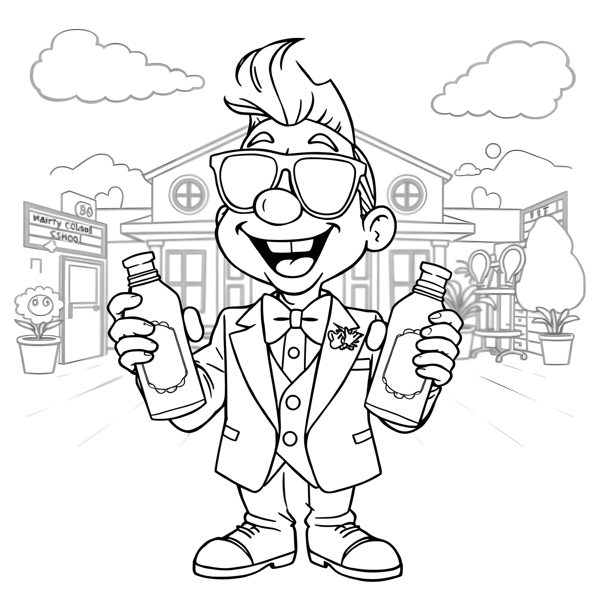 Diddy businessman cheerfully holding cleaning supplies Coloring Page (free black-and-white line drawing printable PDF for all, from beginners to advanced learners, including children, teens, adults, and seniors)