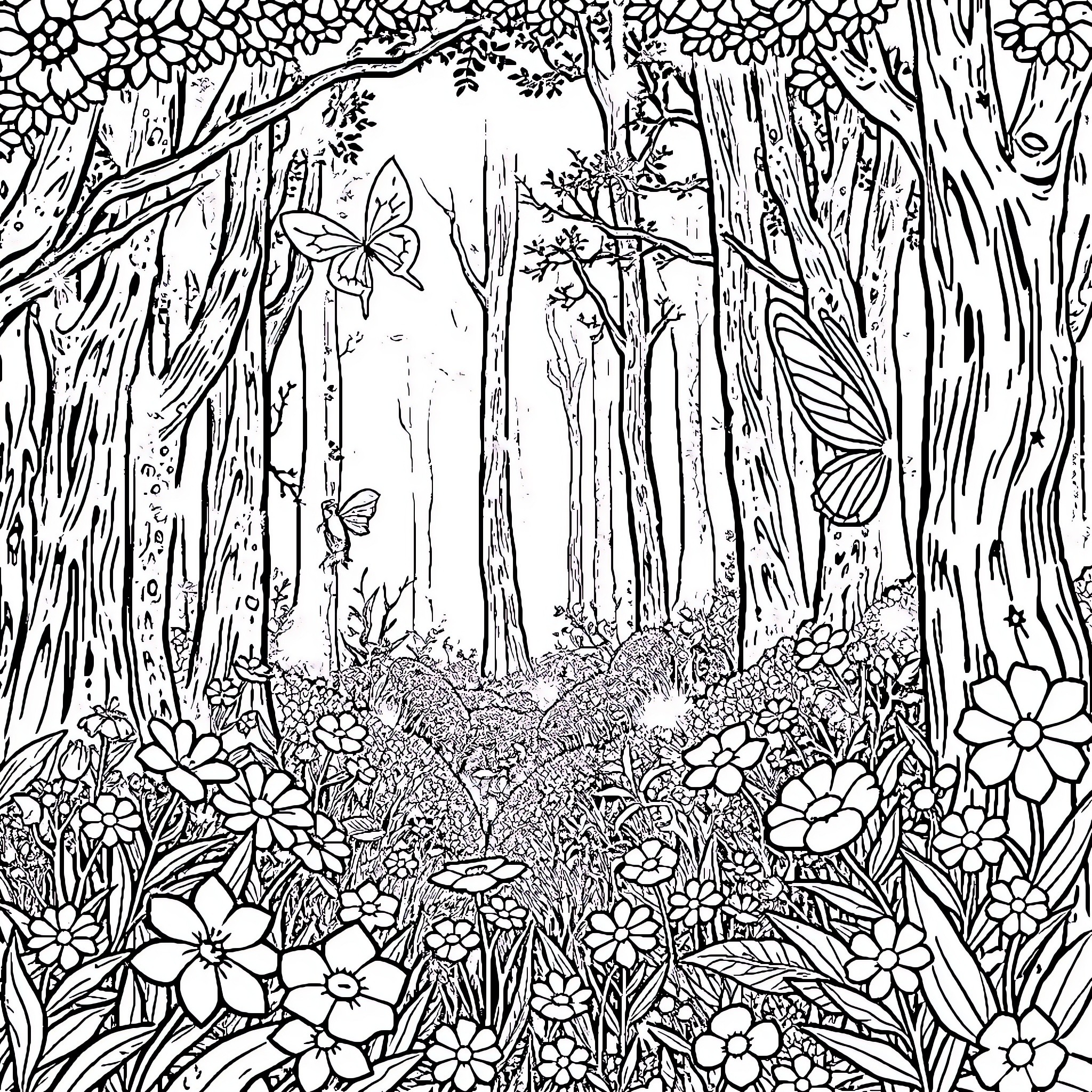 Fairy forest with butterflies and flowers Coloring Page (free black-and-white line drawing printable PDF for all, from beginners to advanced learners, including children, teens, adults, and seniors)