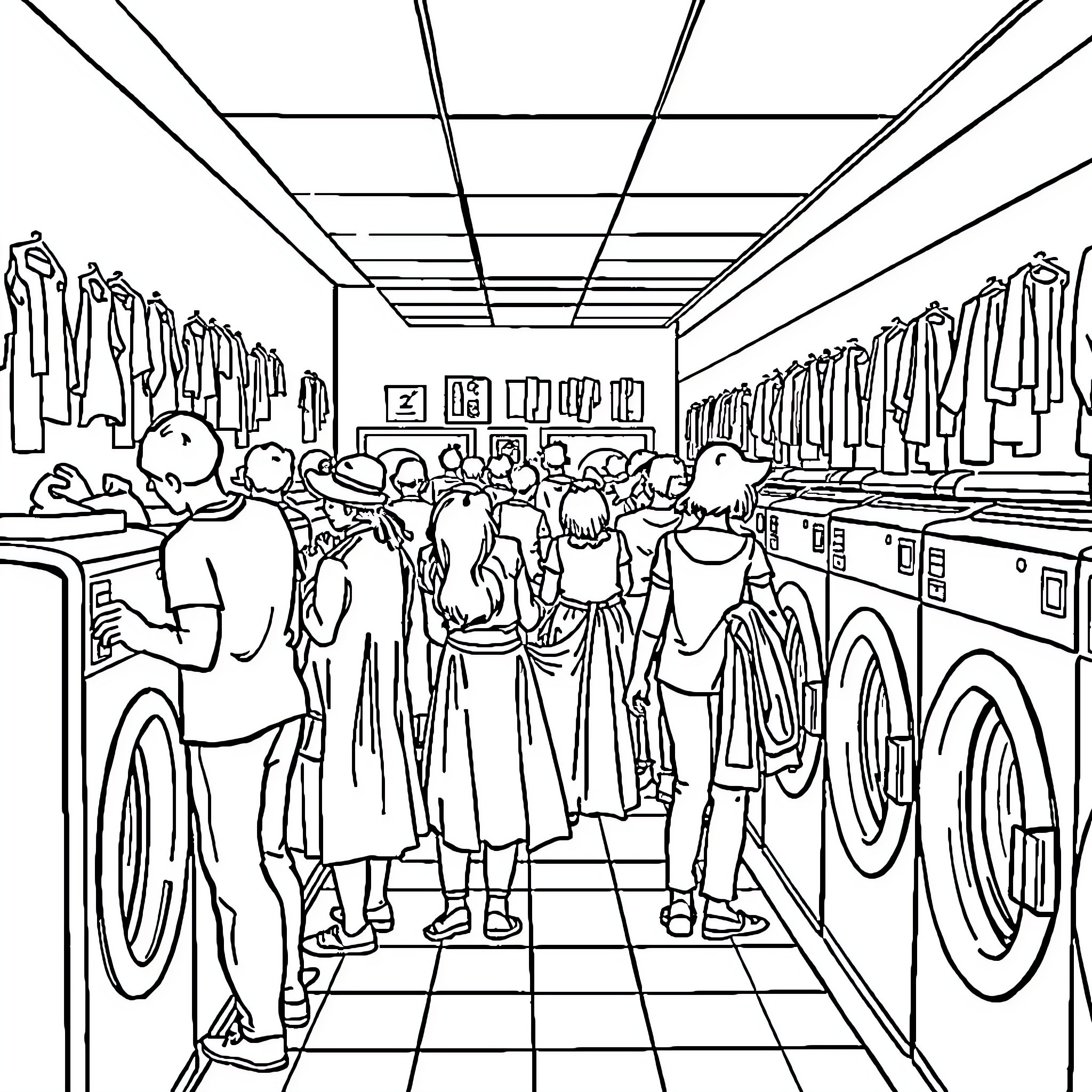 Bee busy at the laundromat with customers Coloring Page (free black-and-white line drawing printable PDF for all, from beginners to advanced learners, including children, teens, adults, and seniors)