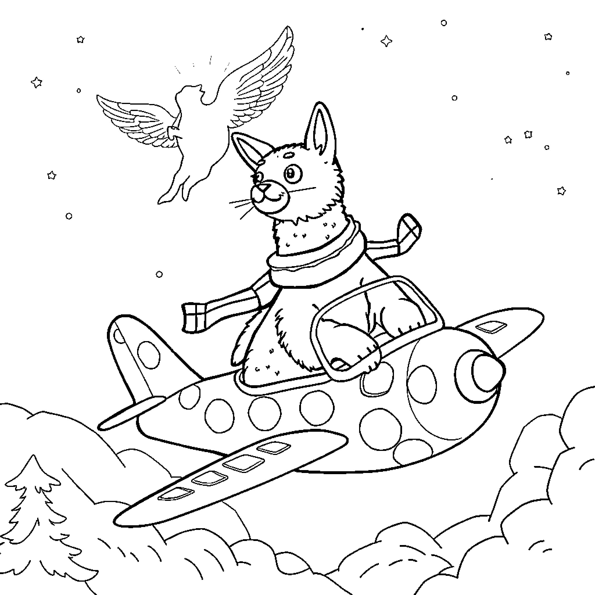 Cat Pilot Flying Whimsical Airplane in Sky Coloring Page (free black-and-white line drawing printable PDF for all, from beginners to advanced learners, including children, teens, adults, and seniors)