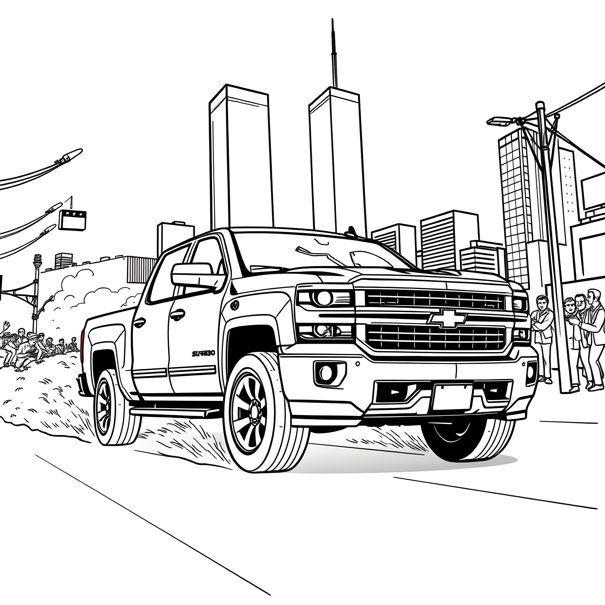 Silverado Truck Navigating Urban Landscape Coloring Page (free black-and-white line drawing printable PDF for all, from beginners to advanced learners, including children, teens, adults, and seniors)