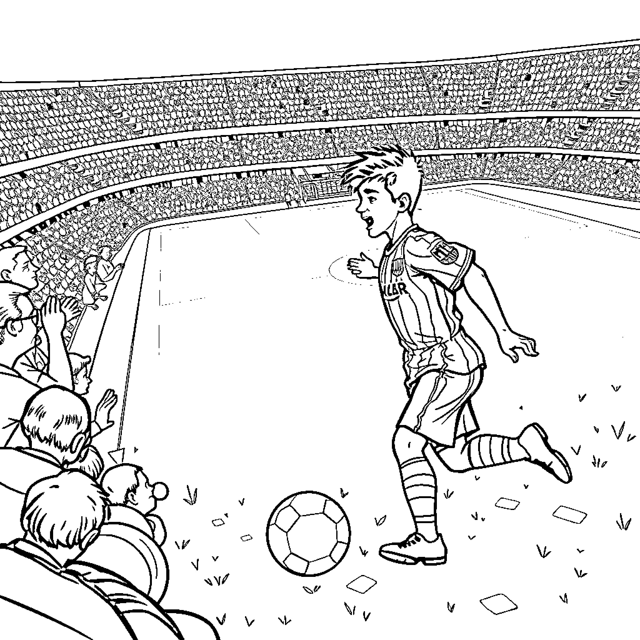 Messi taking free kick in soccer stadium Coloring Page (free black-and-white line drawing printable PDF for all, from beginners to advanced learners, including children, teens, adults, and seniors)