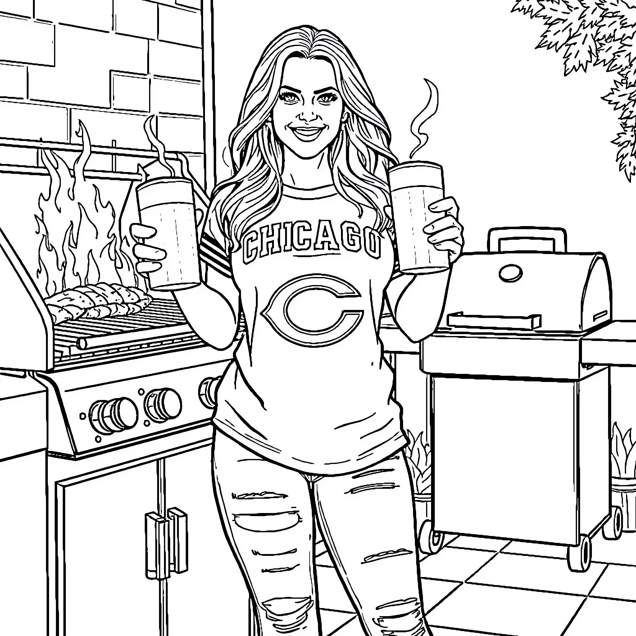 Britney Spears enjoys a grilling session outdoors Coloring Page (free black-and-white line drawing printable PDF for all, from beginners to advanced learners, including children, teens, adults, and seniors)