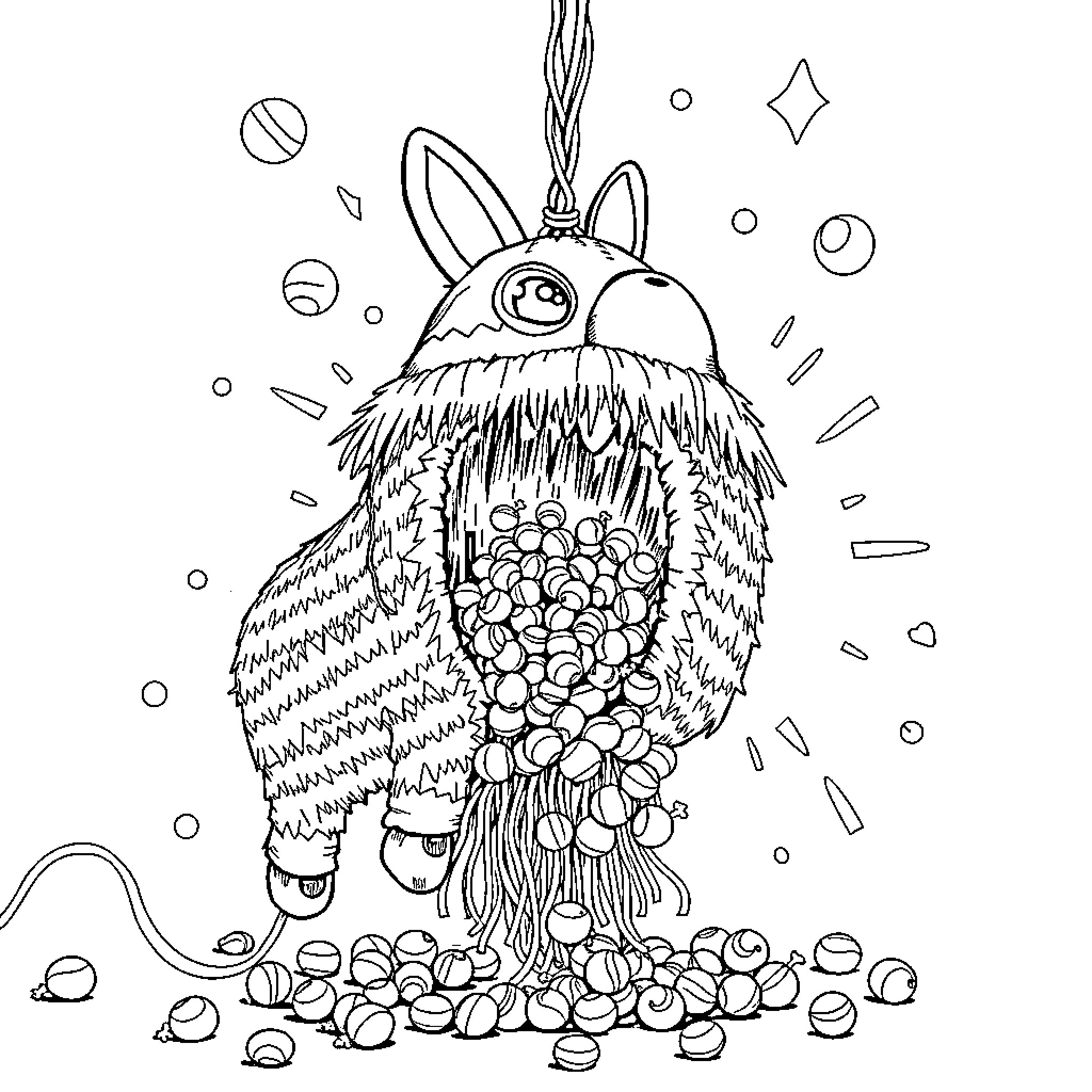 Pinata monster bursting with colorful confetti Coloring Page (free black-and-white line drawing printable PDF for all, from beginners to advanced learners, including children, teens, adults, and seniors)