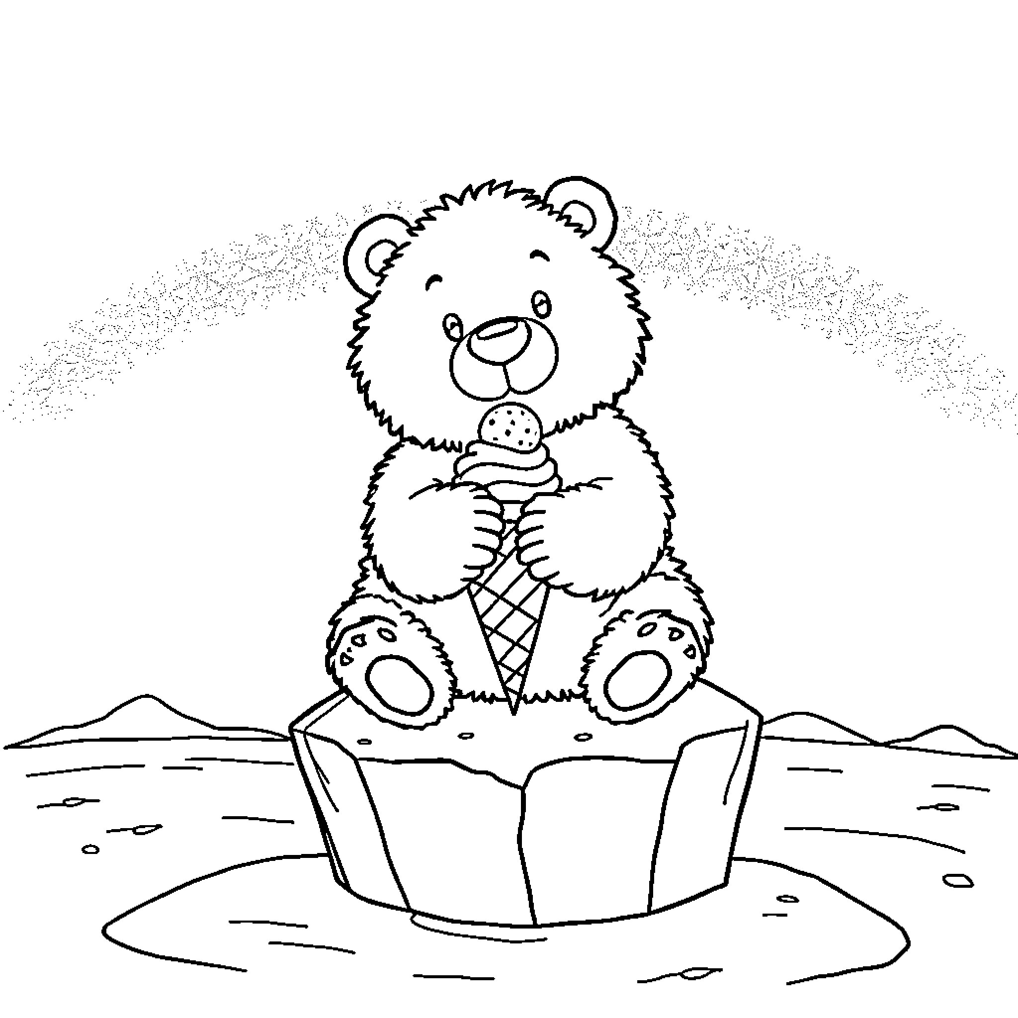 Polar Bear Eating Ice Cream on Frozen Landscape Coloring Page (free black-and-white line drawing printable PDF for all, from beginners to advanced learners, including children, teens, adults, and seniors)