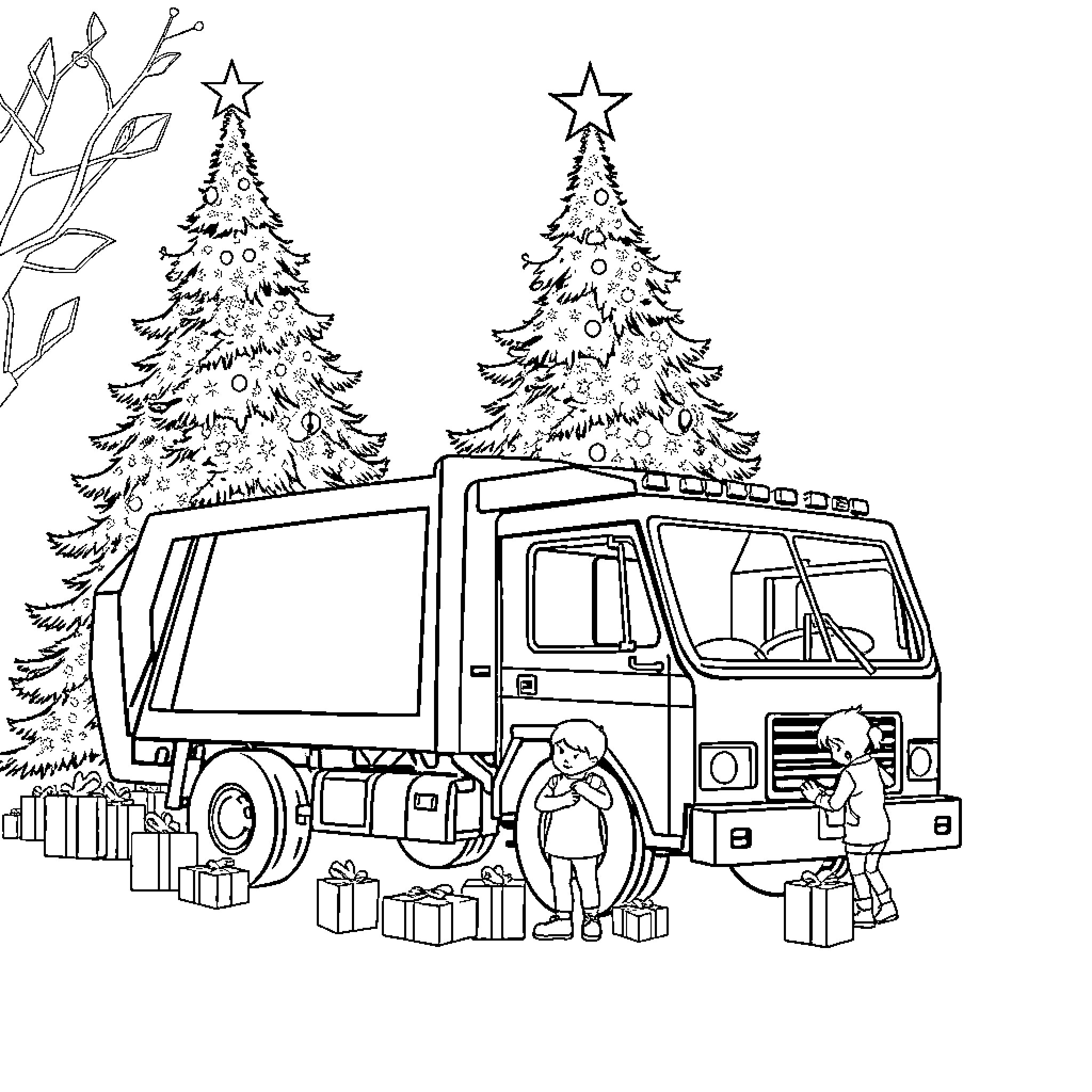 Trash Truck Delivering Gifts Under Christmas Trees Coloring Page (free black-and-white line drawing printable PDF for all, from beginners to advanced learners, including children, teens, adults, and seniors)