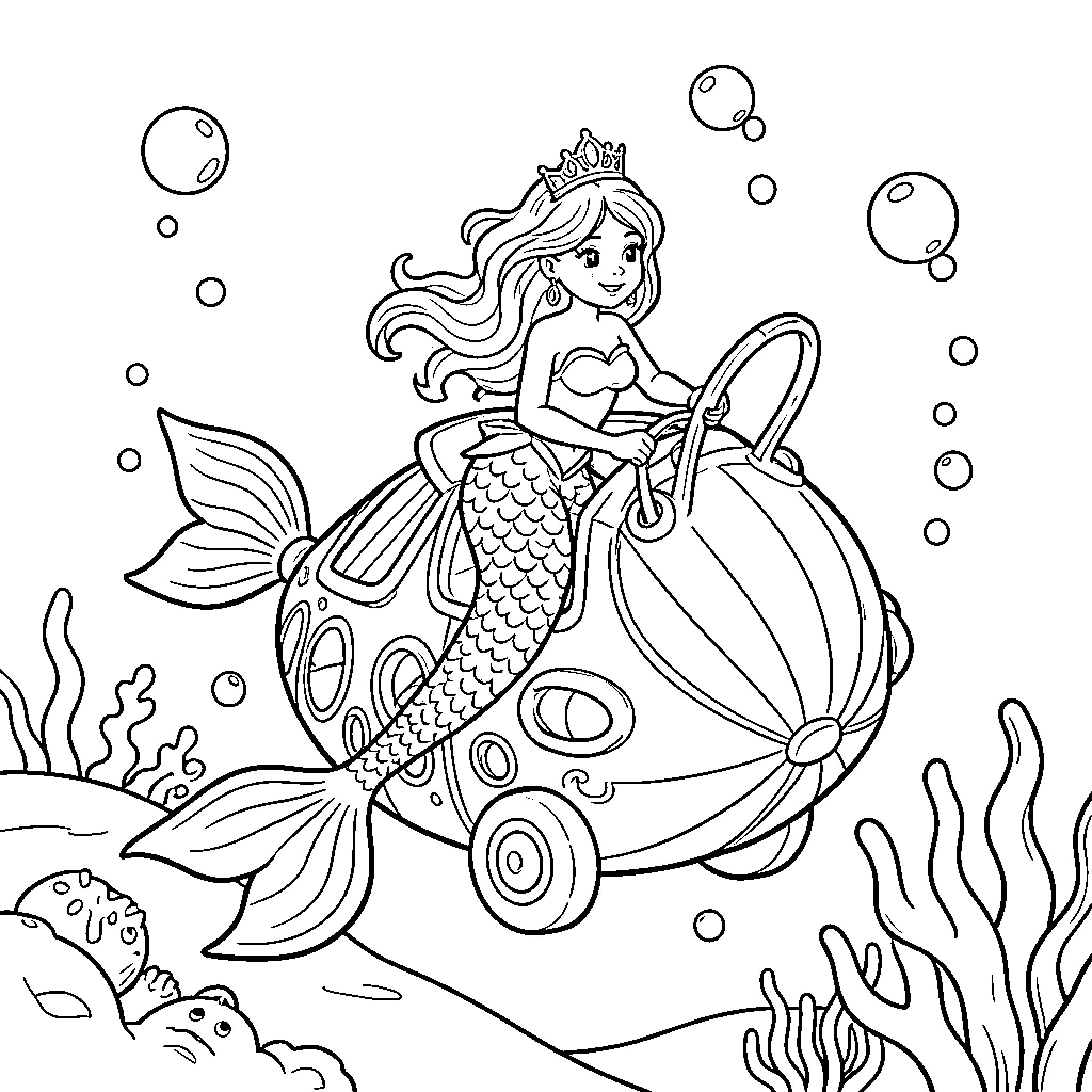 Mermaid riding a seashell vehicle underwater Coloring Page (free black-and-white line drawing printable PDF for all, from beginners to advanced learners, including children, teens, adults, and seniors)