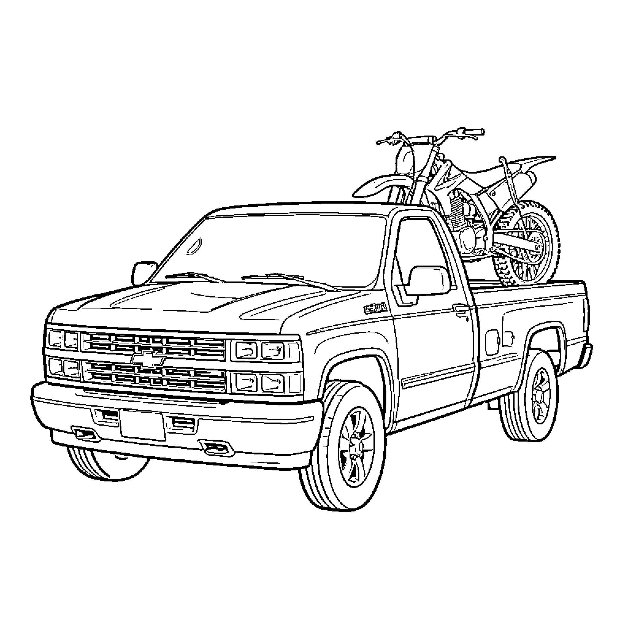 Chevrolet pickup truck carrying a dirt bike in the back Coloring Page (free black-and-white line drawing printable PDF for all, from beginners to advanced learners, including children, teens, adults, and seniors)