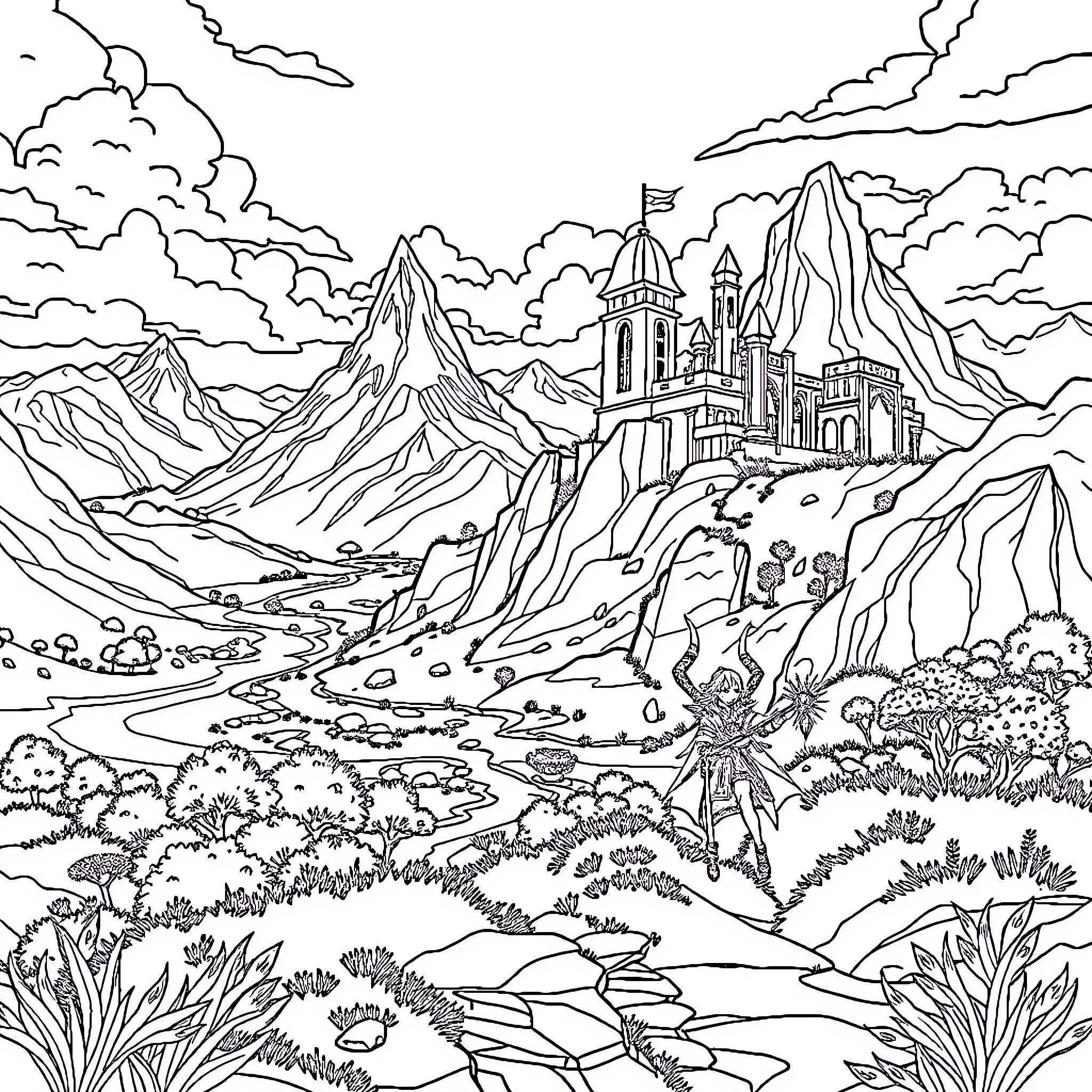Genshin Impact Fantastical Landscape with Castle and Mountains Coloring Page (free black-and-white line drawing printable PDF for all, from beginners to advanced learners, including children, teens, adults, and seniors)