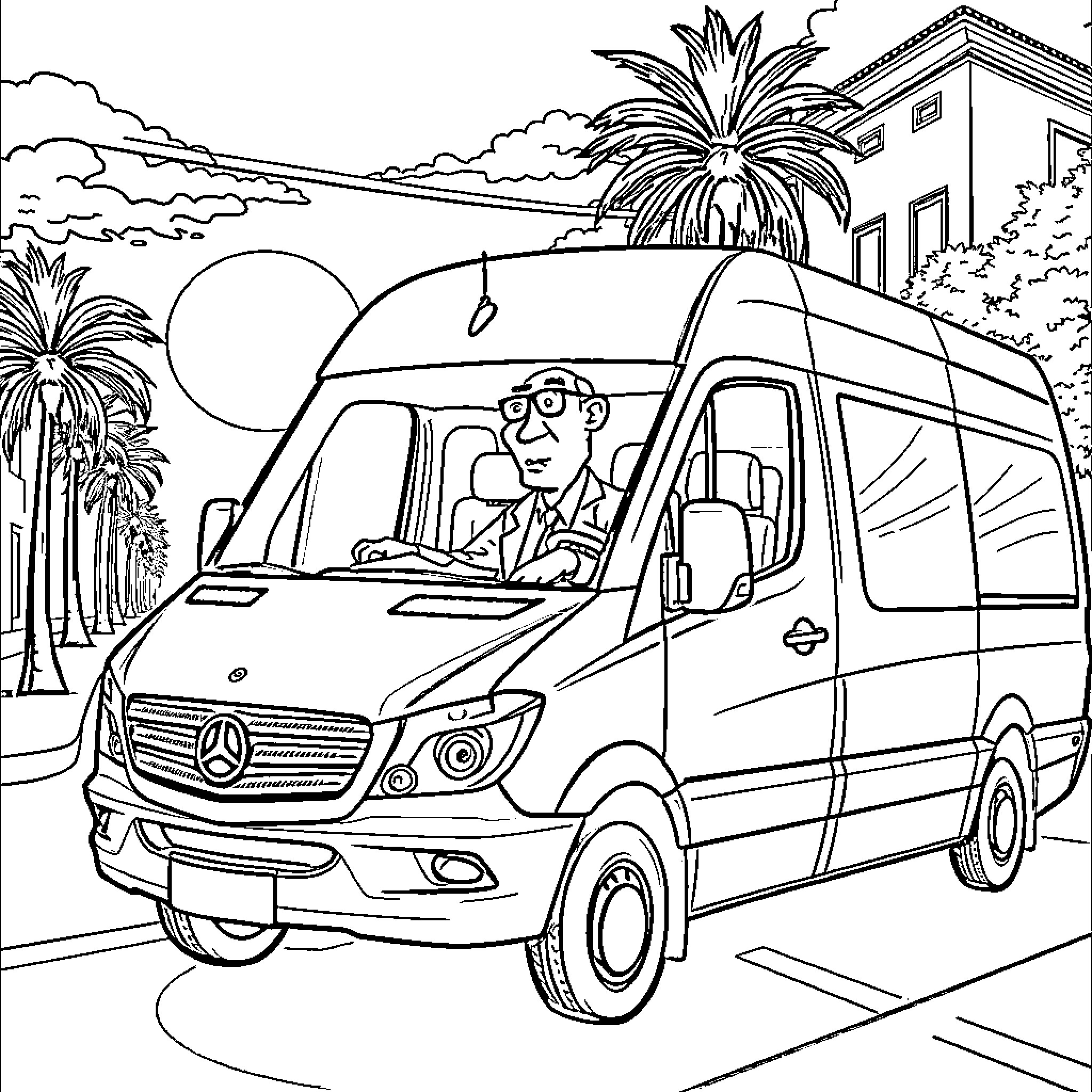 Bill Gates driving a Mercedes-Benz van in a tropical setting Coloring Page (free black-and-white line drawing printable PDF for all, from beginners to advanced learners, including children, teens, adults, and seniors)