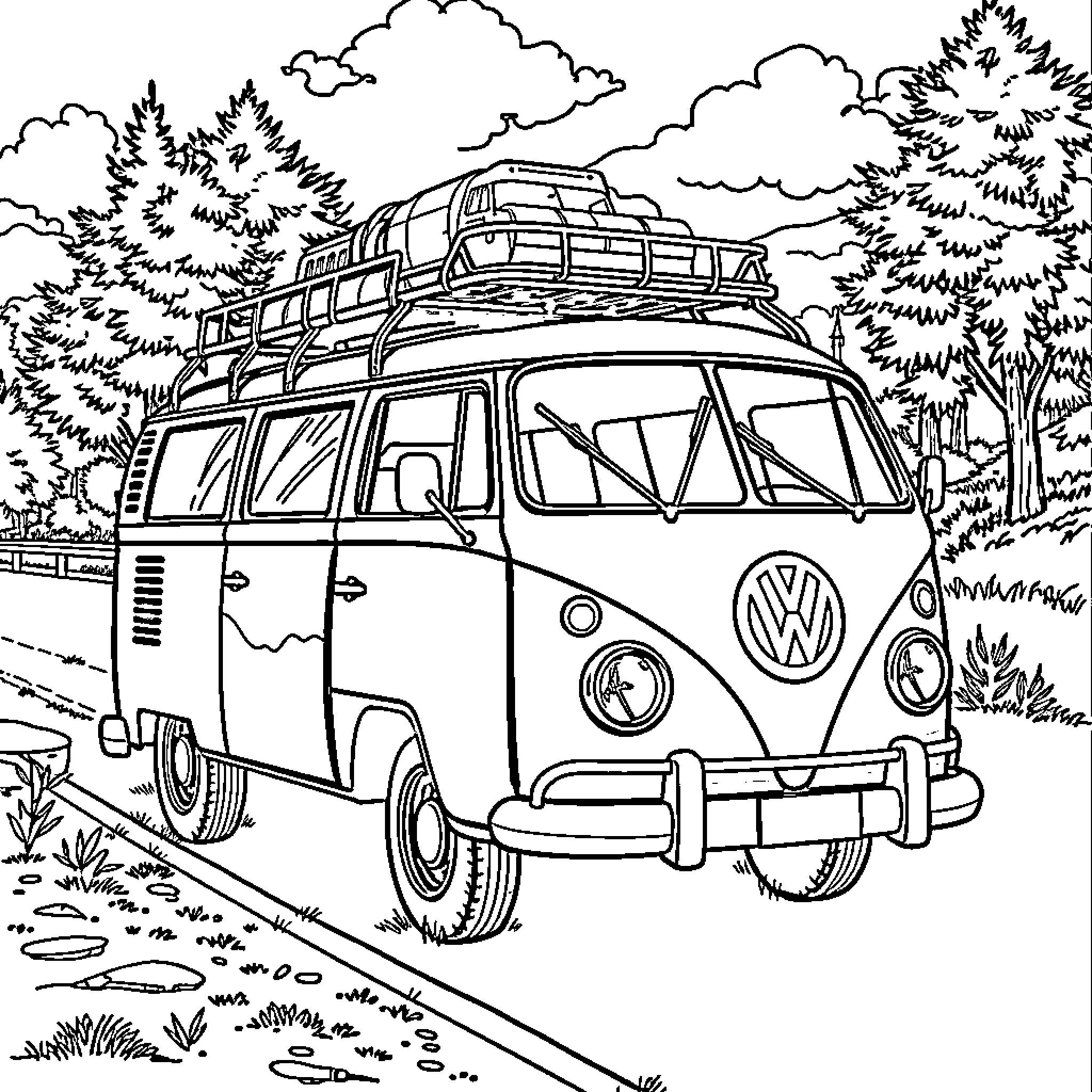 Volkswagen Van on a Scenic Nature Road Trip Coloring Page (free black-and-white line drawing printable PDF for all, from beginners to advanced learners, including children, teens, adults, and seniors)