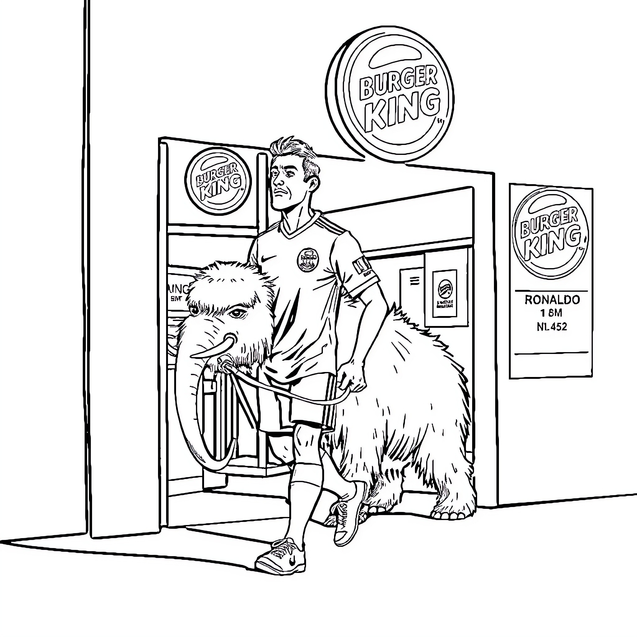 Ronaldo's Unusual Fast Food Encounter Coloring Page (free black-and-white line drawing printable PDF for all, from beginners to advanced learners, including children, teens, adults, and seniors)