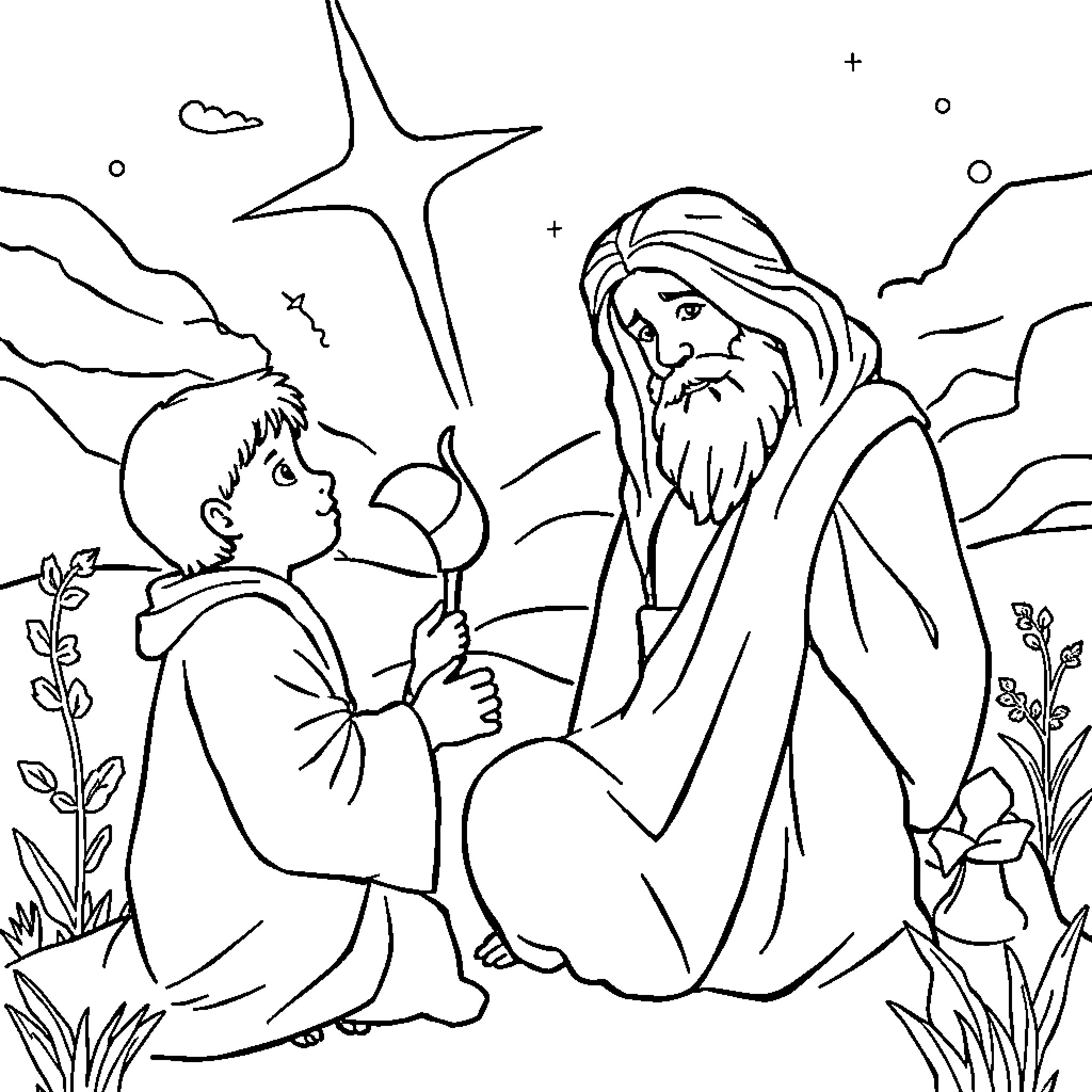 God's Guidance in the Wilderness Coloring Page (free black-and-white line drawing printable PDF for all, from beginners to advanced learners, including children, teens, adults, and seniors)