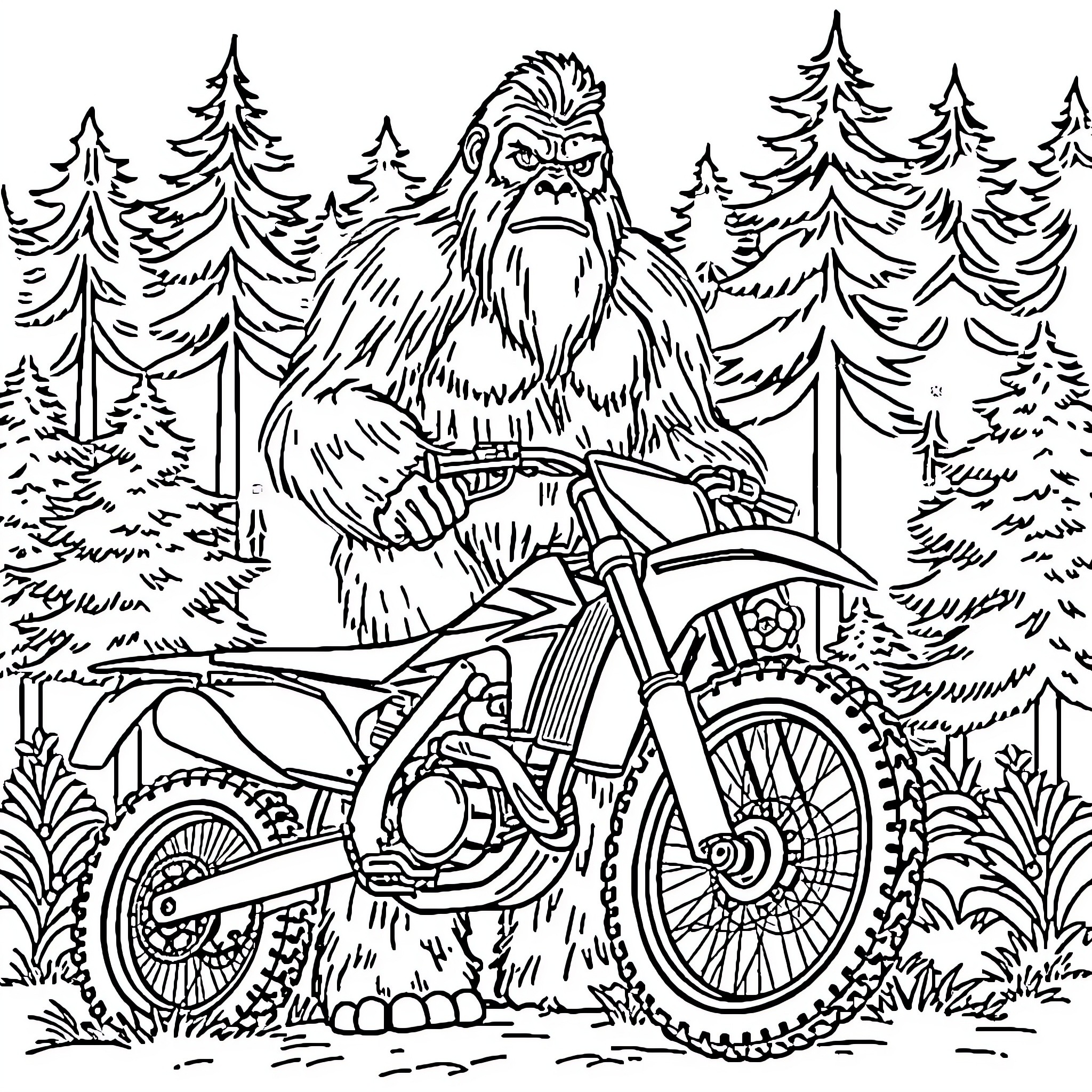 Bigfoot riding a motocross bike through the forest Coloring Page (free black-and-white line drawing printable PDF for all, from beginners to advanced learners, including children, teens, adults, and seniors)