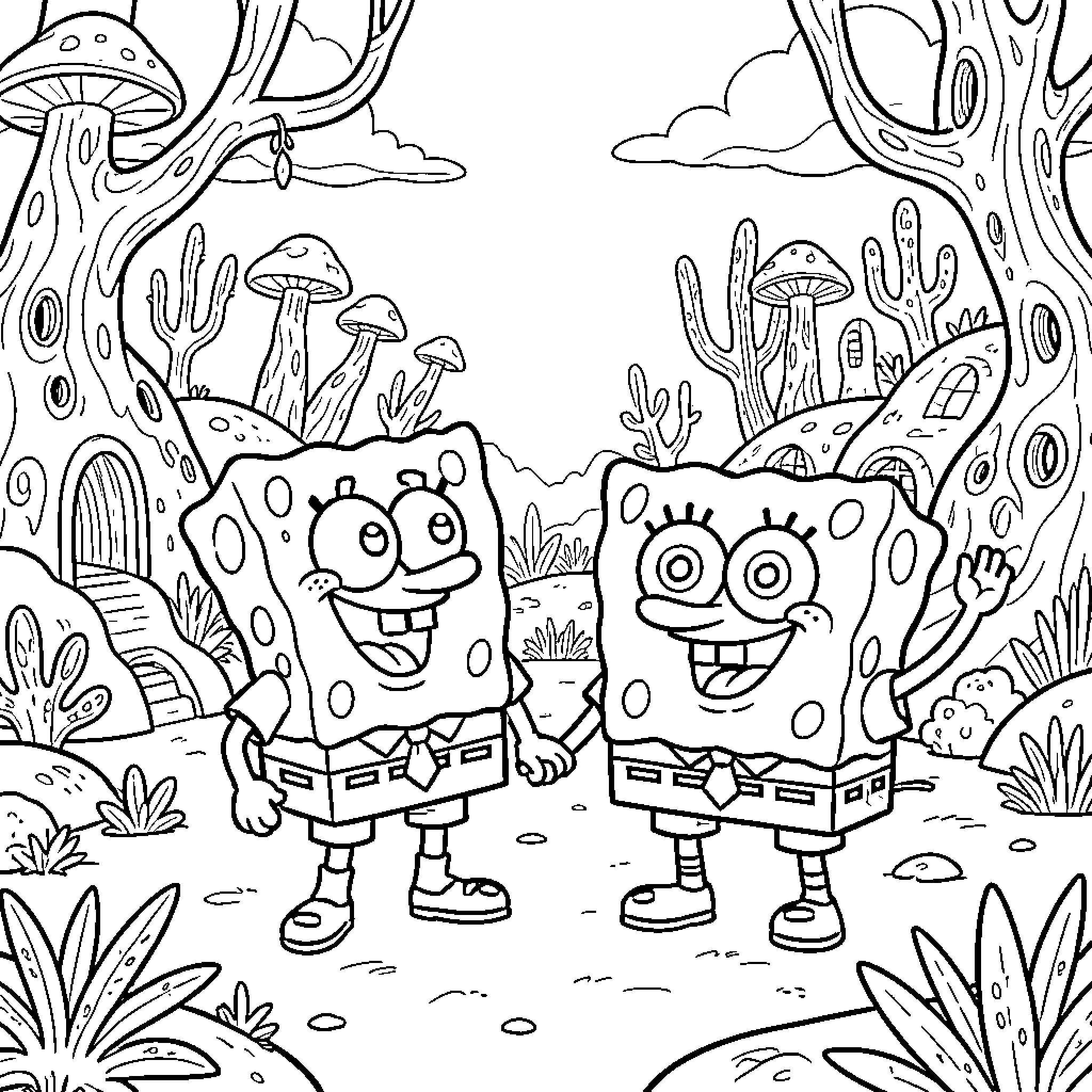 Coraje de dos amigos sonriendo en un bosque fantástico Coloring Page (free black-and-white line drawing printable PDF for all, from beginners to advanced learners, including children, teens, adults, and seniors)