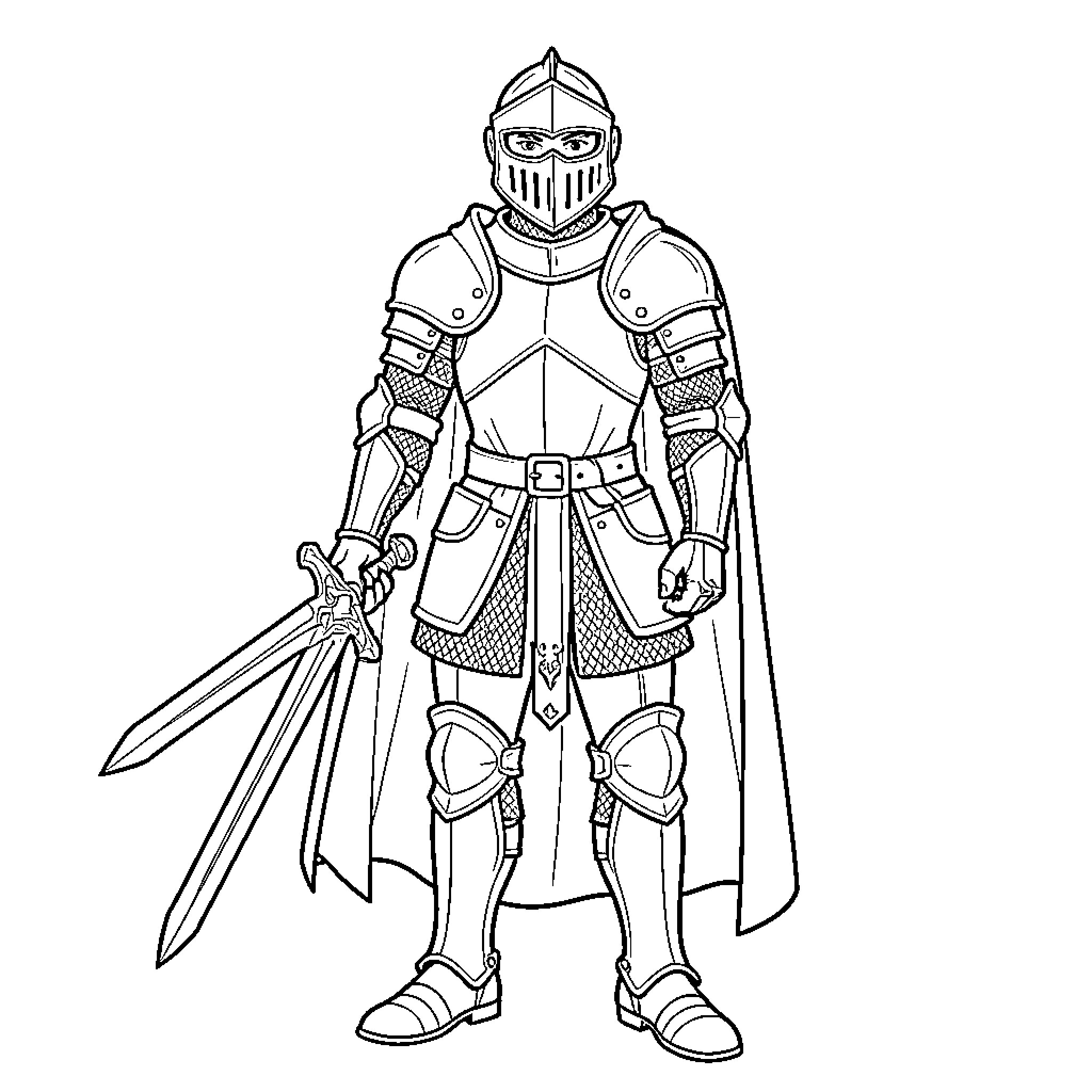 Knight in Armored Attire Wielding Swords Coloring Page (free black-and-white line drawing printable PDF for all, from beginners to advanced learners, including children, teens, adults, and seniors)