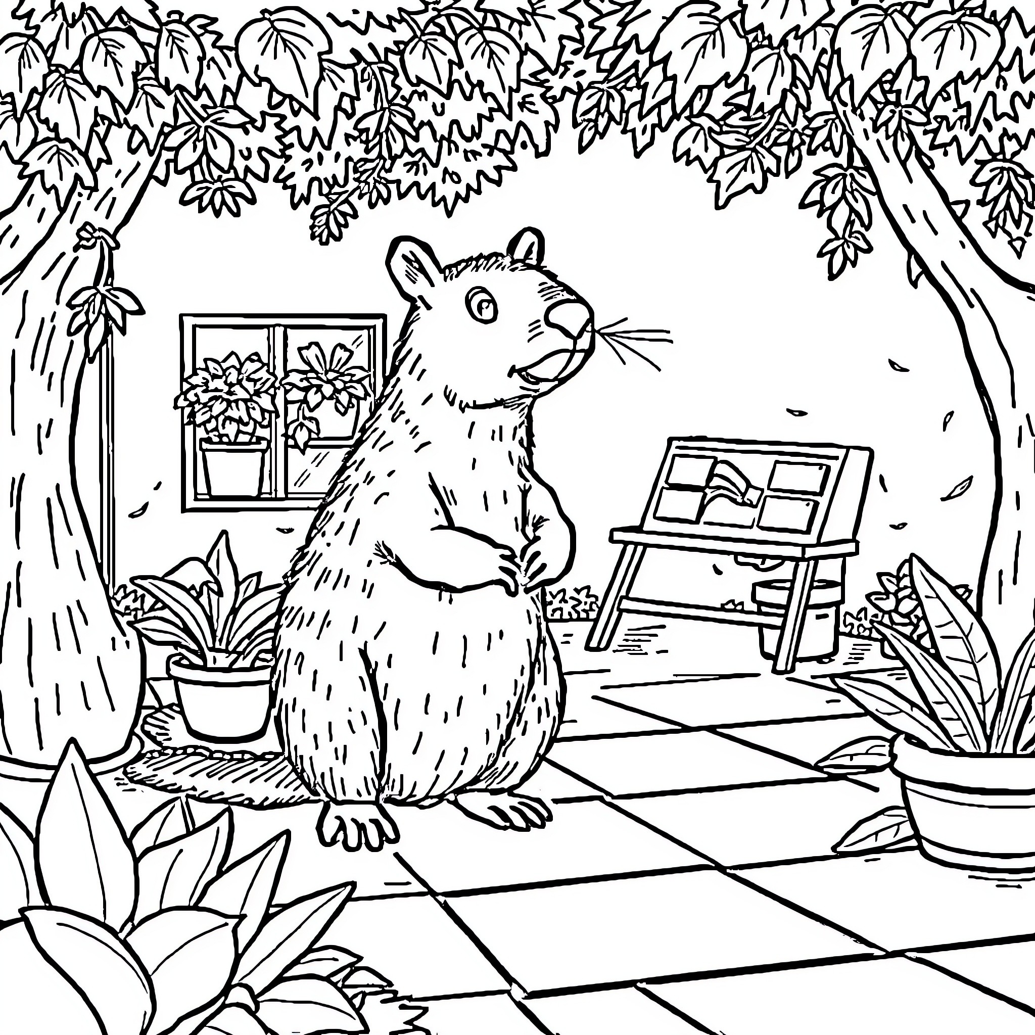 Capybara enjoying the tranquil garden setting Coloring Page (free black-and-white line drawing printable PDF for all, from beginners to advanced learners, including children, teens, adults, and seniors)