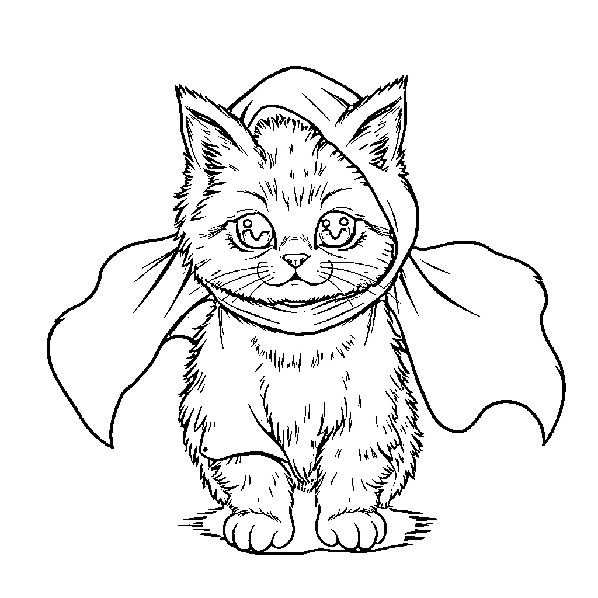 Cat dressed as a bat Coloring Page (free black-and-white line drawing printable PDF for all, from beginners to advanced learners, including children, teens, adults, and seniors)