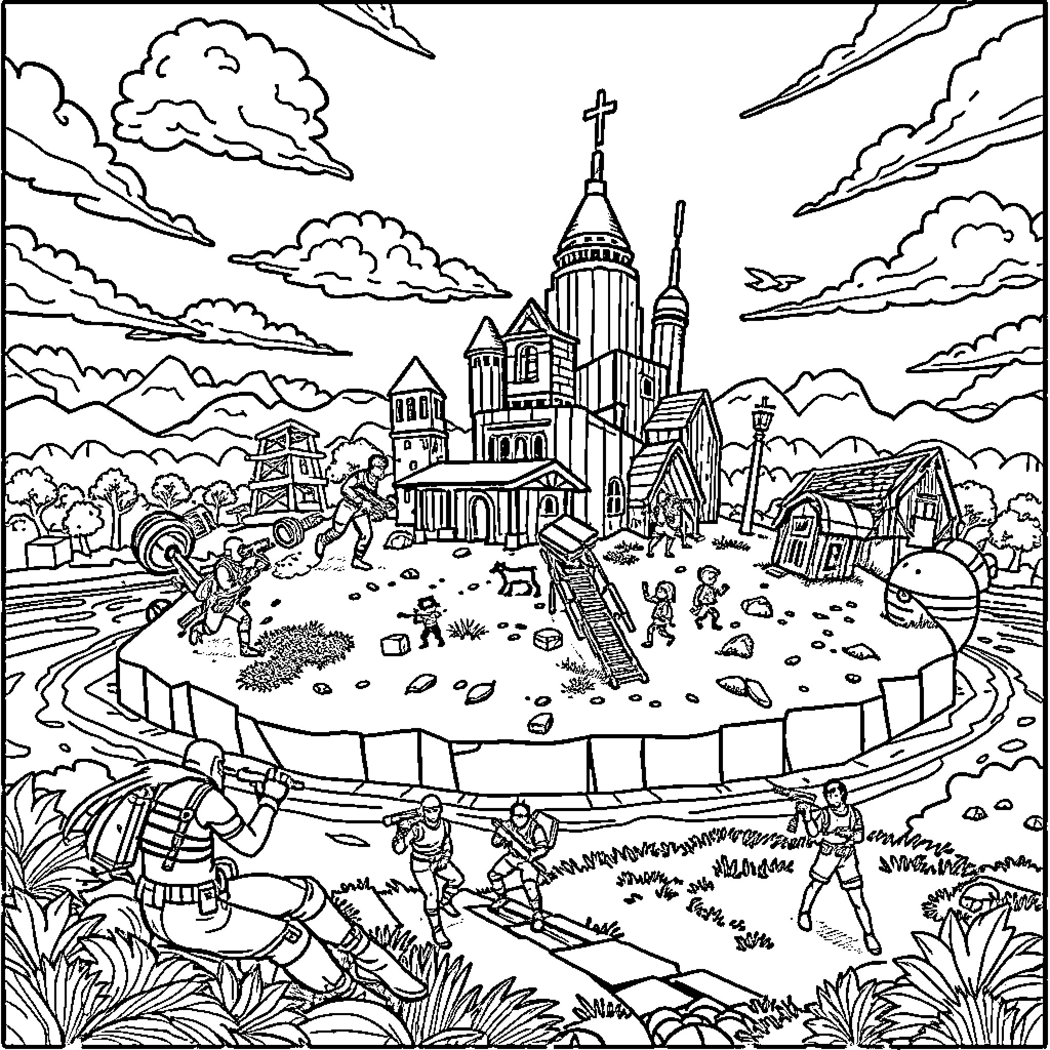 Fortnite characters in a fantastical cityscape Coloring Page (free black-and-white line drawing printable PDF for all, from beginners to advanced learners, including children, teens, adults, and seniors)