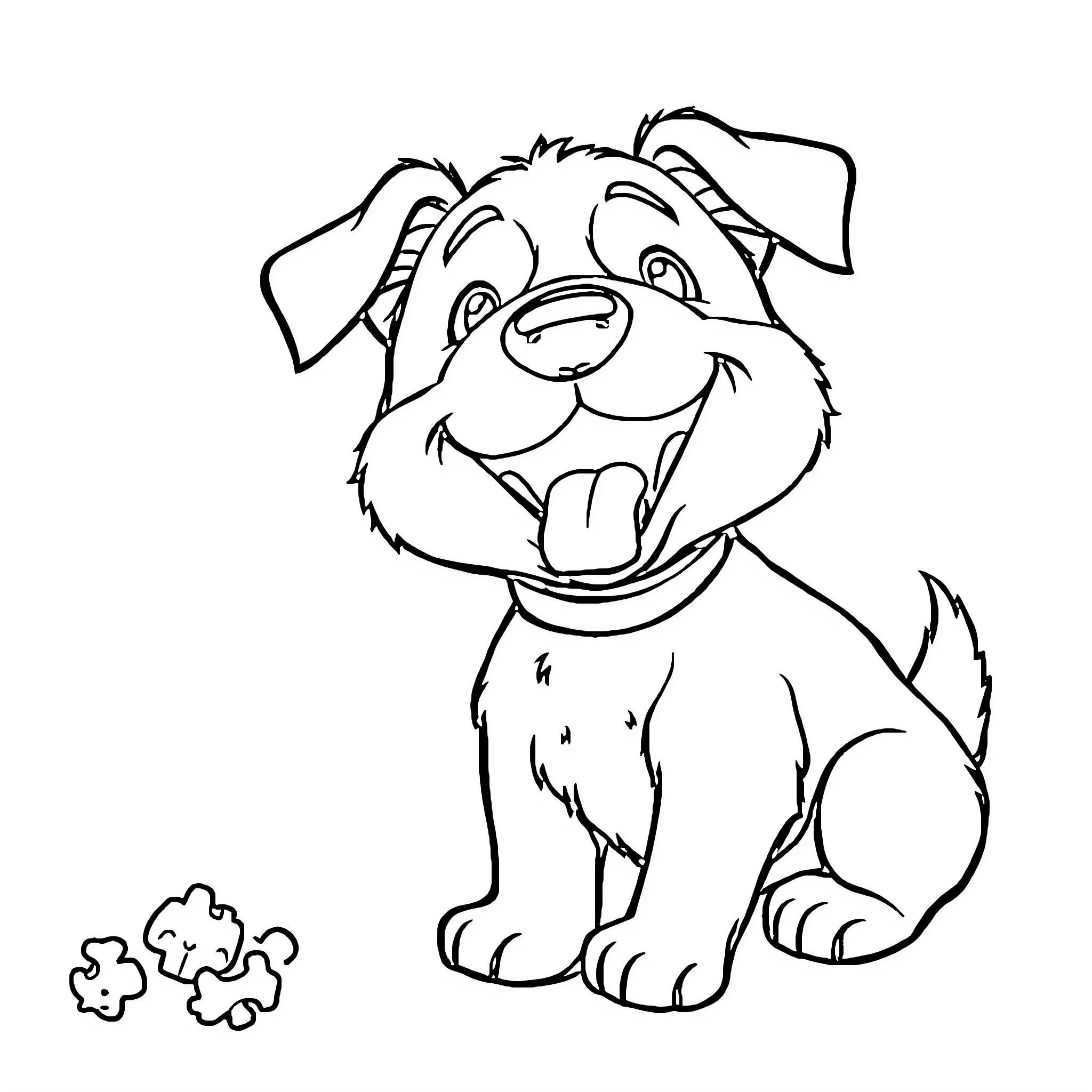 Dog Sitting Happily with Treats Coloring Page (free black-and-white line drawing printable PDF for all, from beginners to advanced learners, including children, teens, adults, and seniors)