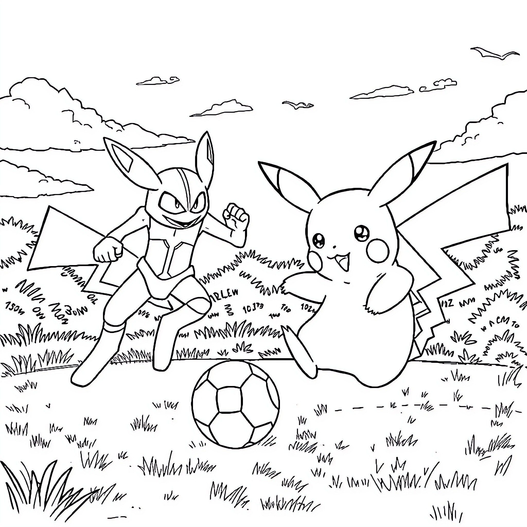 Pikachu and Riolu playing soccer in the park Coloring Page (free black-and-white line drawing printable PDF for all, from beginners to advanced learners, including children, teens, adults, and seniors)