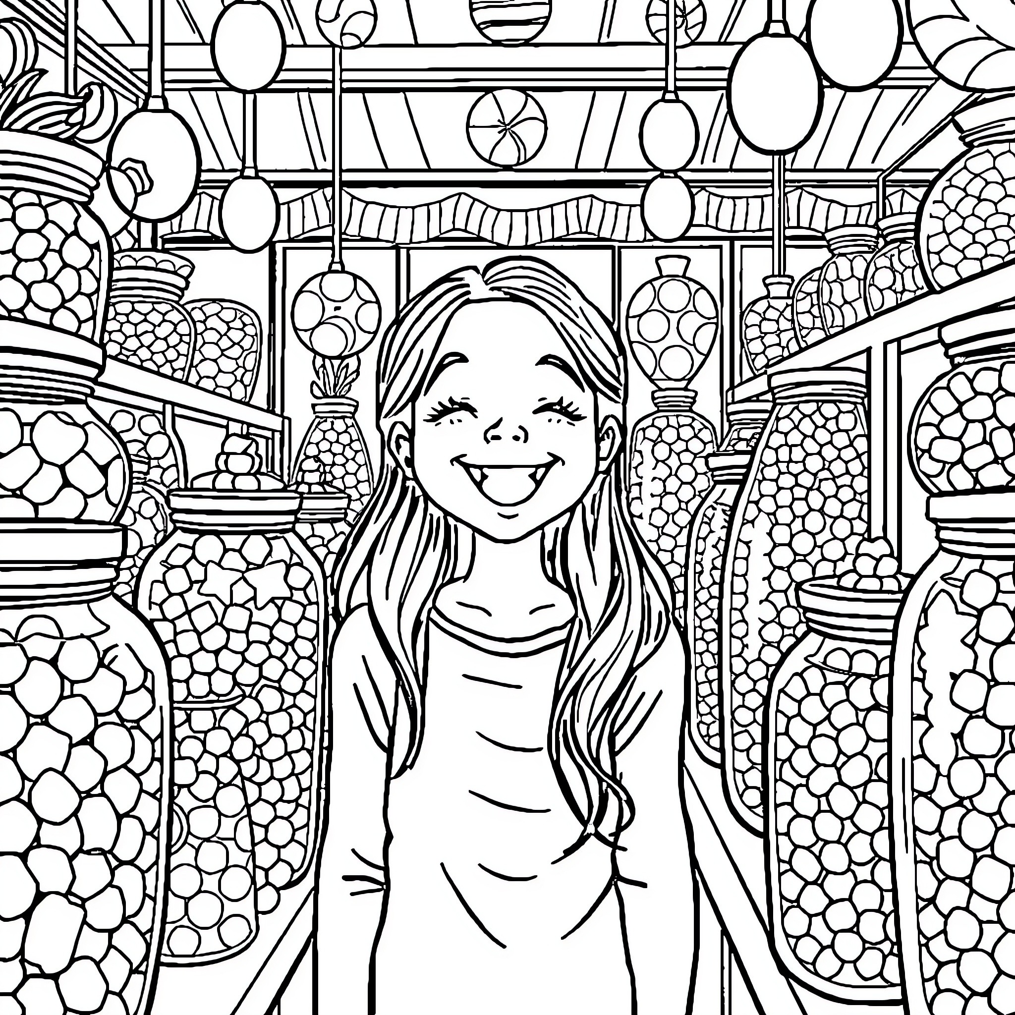 Girl exploring a colorful, whimsical shop Coloring Page (free black-and-white line drawing printable PDF for all, from beginners to advanced learners, including children, teens, adults, and seniors)