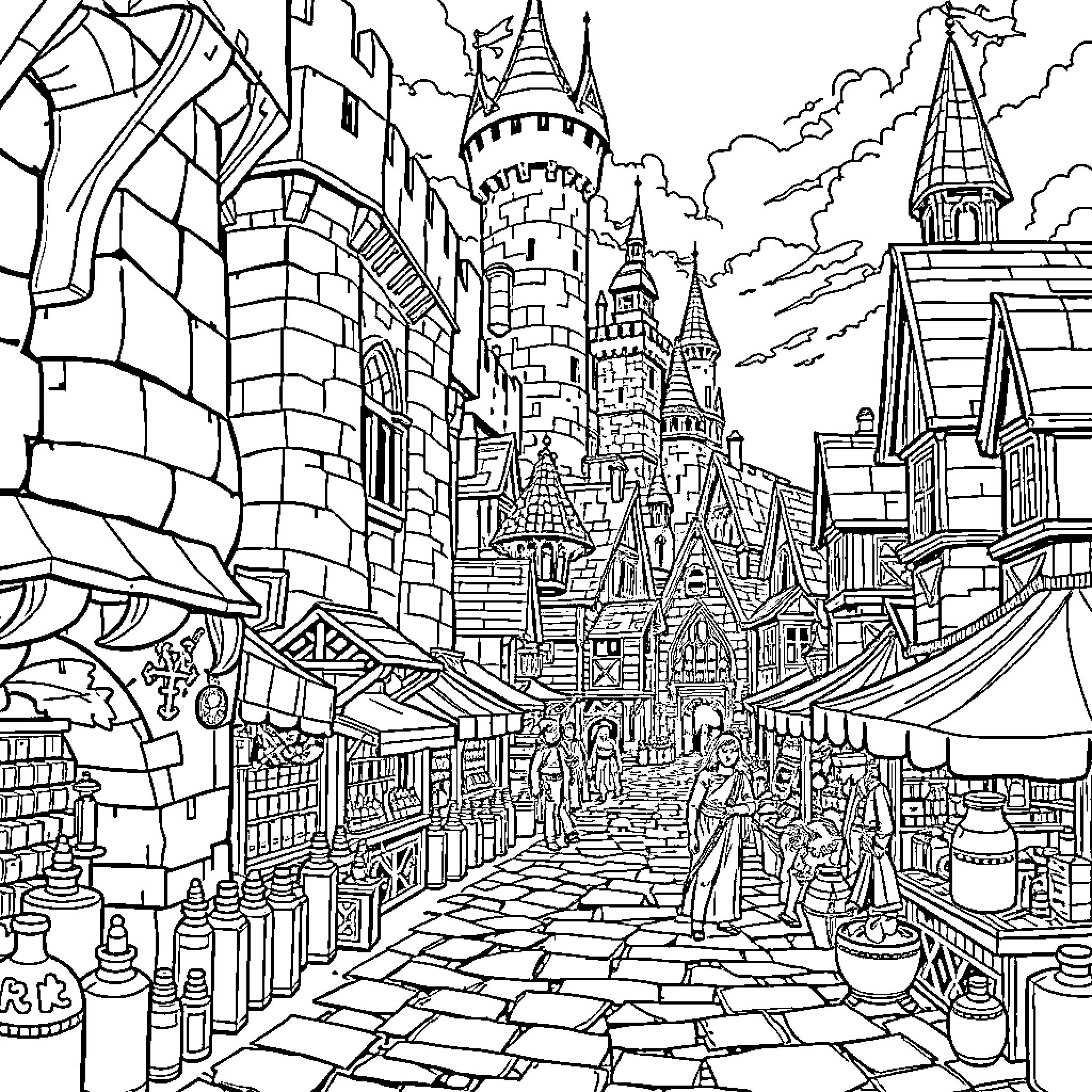 Castle Town with Bustling Market Scene Coloring Page (free black-and-white line drawing printable PDF for all, from beginners to advanced learners, including children, teens, adults, and seniors)