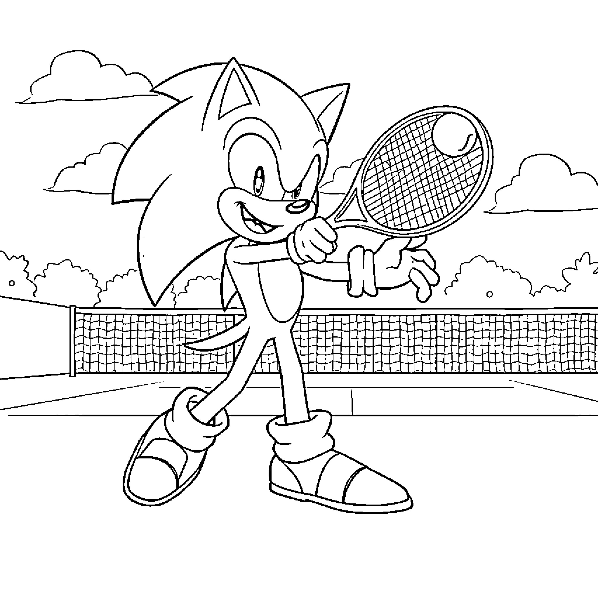 Sonic playing tennis on the court Coloring Page (free black-and-white line drawing printable PDF for all, from beginners to advanced learners, including children, teens, adults, and seniors)
