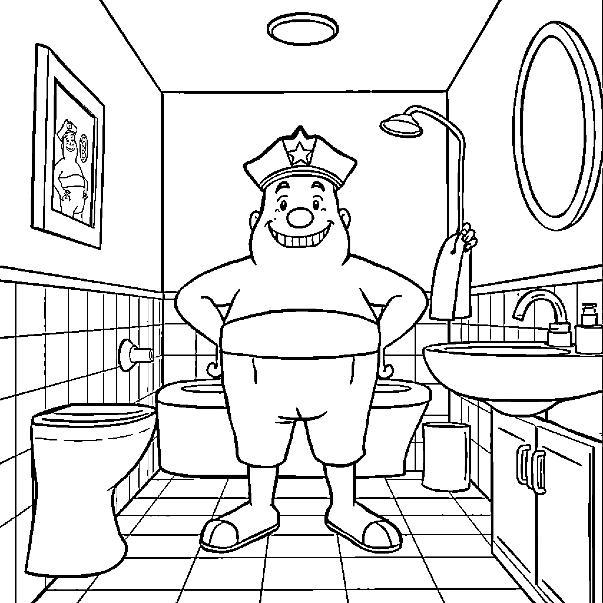 Captain Underpants adventures in the bathroom Coloring Page (free black-and-white line drawing printable PDF for all, from beginners to advanced learners, including children, teens, adults, and seniors)