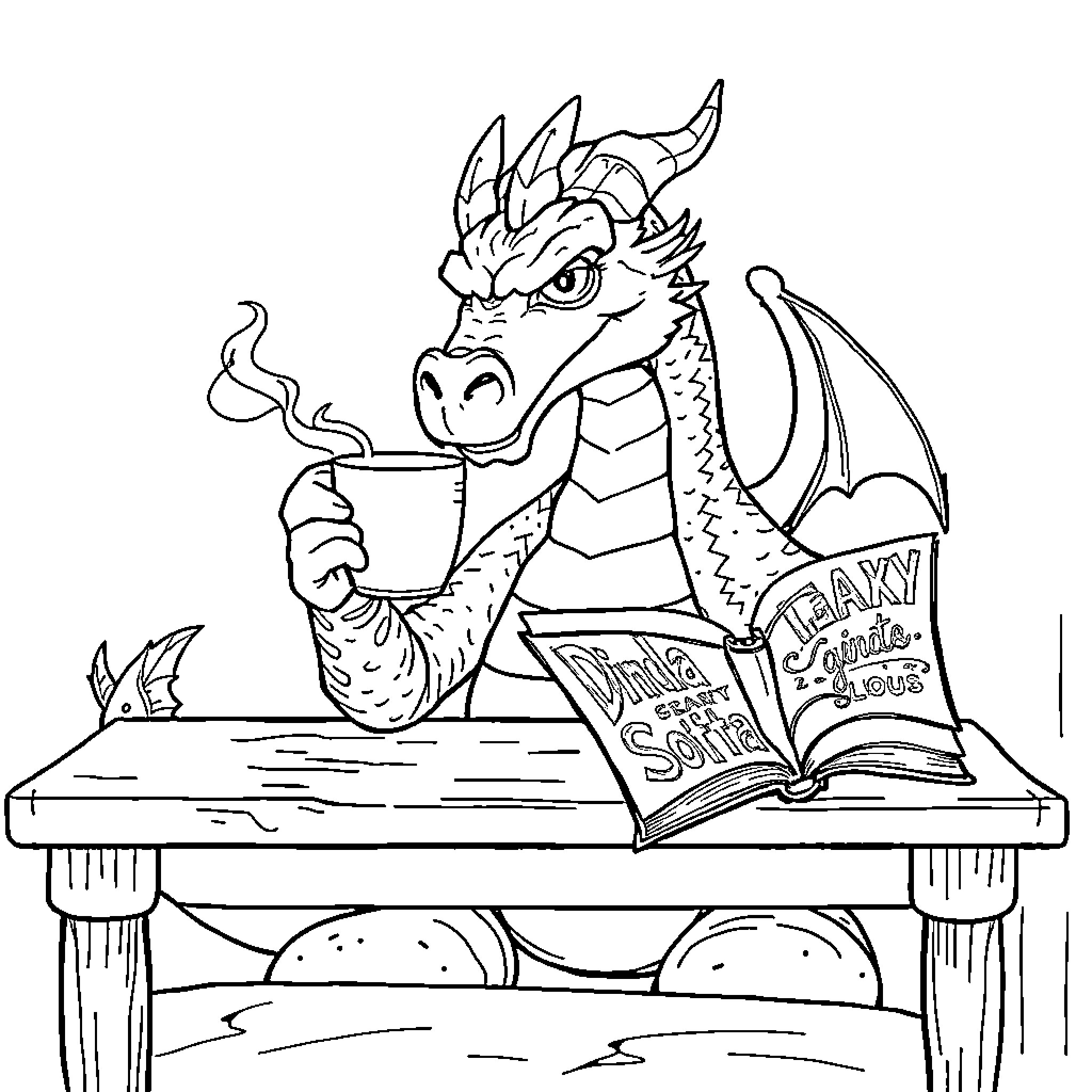 Dragon reading a book and drinking coffee Coloring Page (free black-and-white line drawing printable PDF for all, from beginners to advanced learners, including children, teens, adults, and seniors)