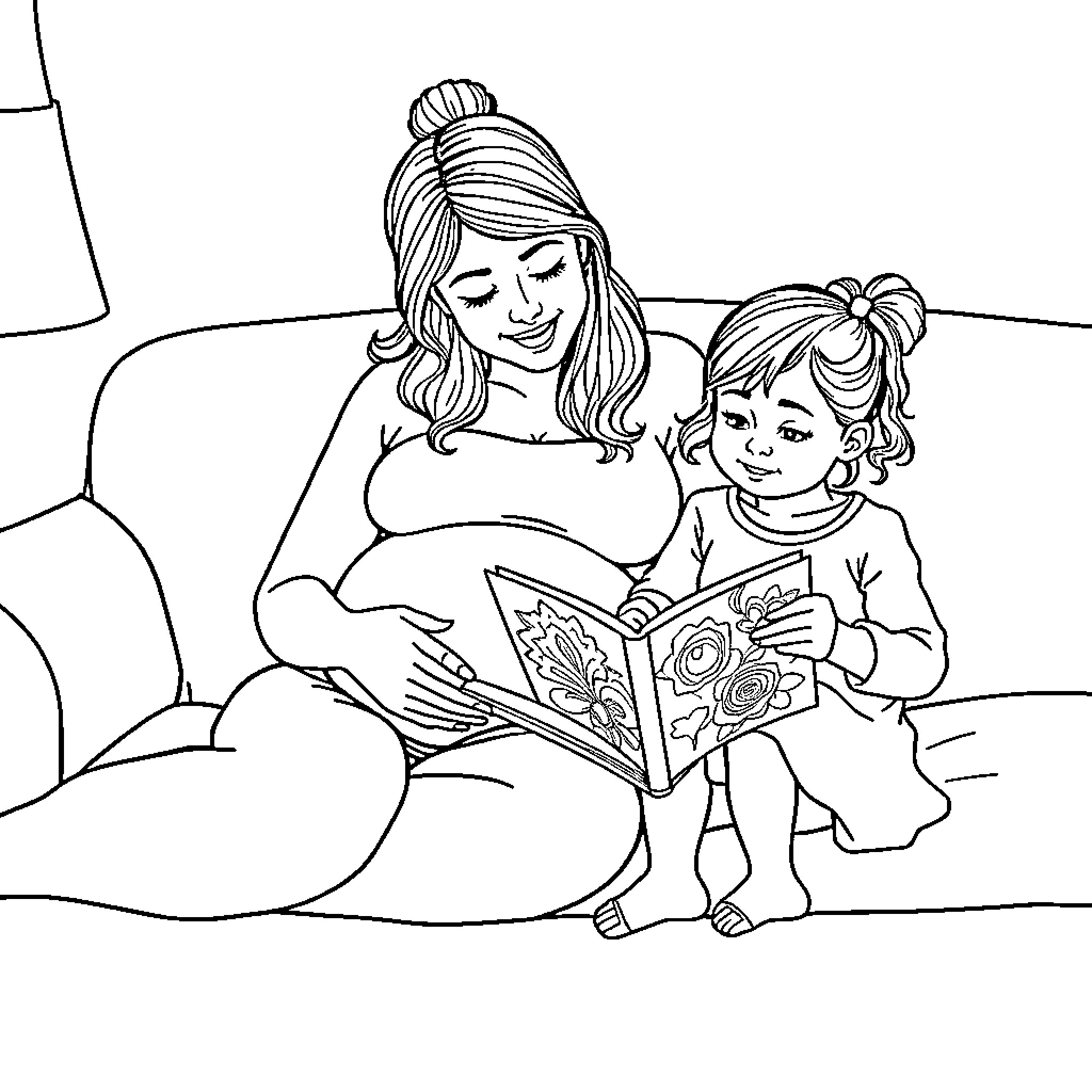 Mom reading a storybook to her child Coloring Page (free black-and-white line drawing printable PDF for all, from beginners to advanced learners, including children, teens, adults, and seniors)