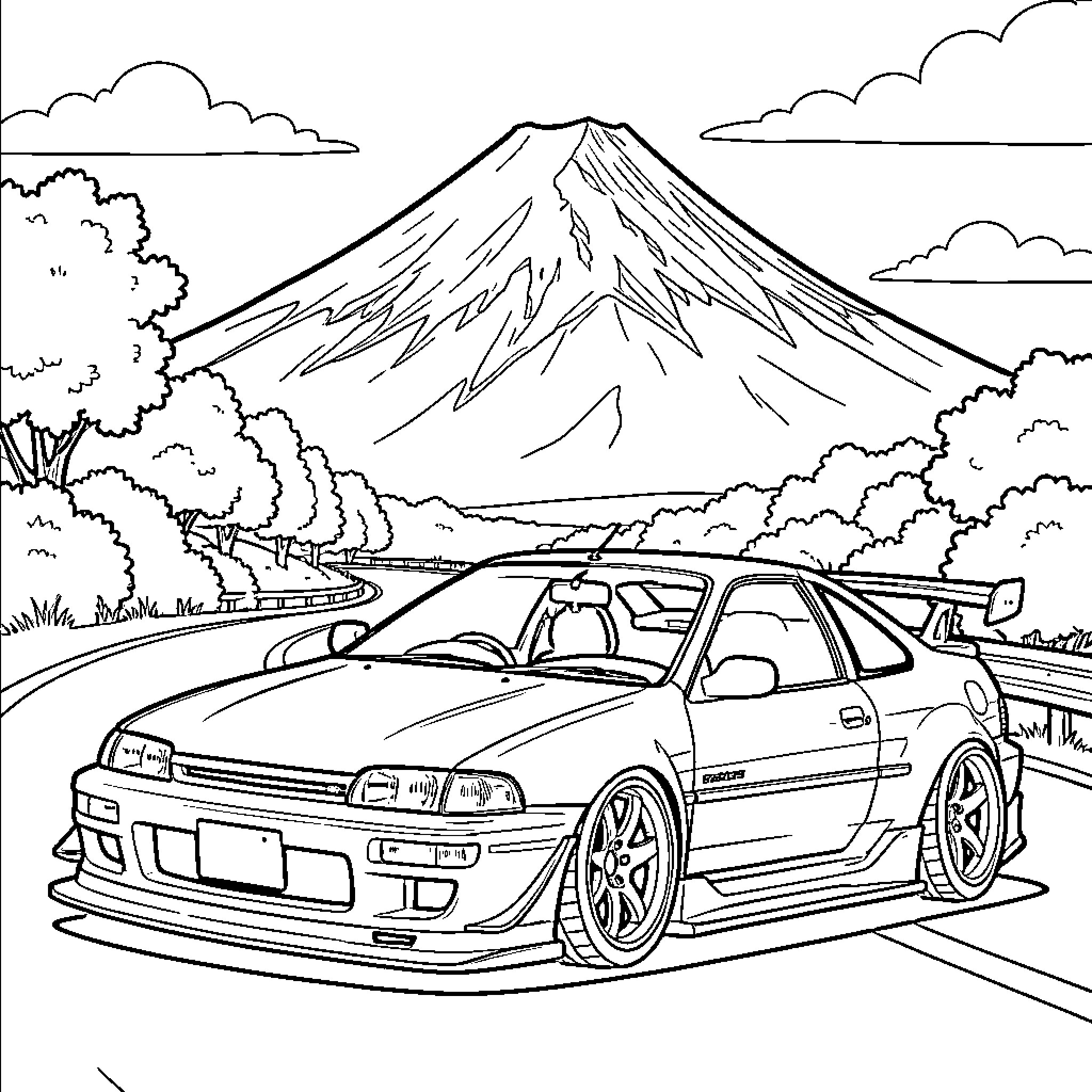 Toyota Trueno driving on a scenic mountain road Coloring Page (free black-and-white line drawing printable PDF for all, from beginners to advanced learners, including children, teens, adults, and seniors)