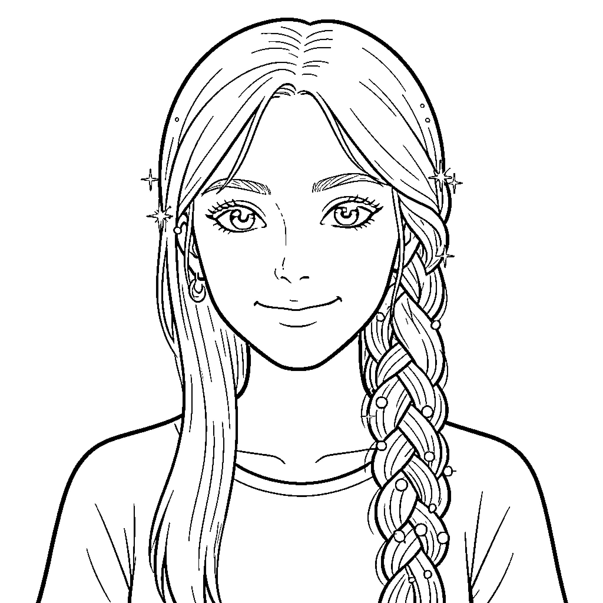 Girl with Braided Hairstyle and Warm Smile Coloring Page (free black-and-white line drawing printable PDF for all, from beginners to advanced learners, including children, teens, adults, and seniors)