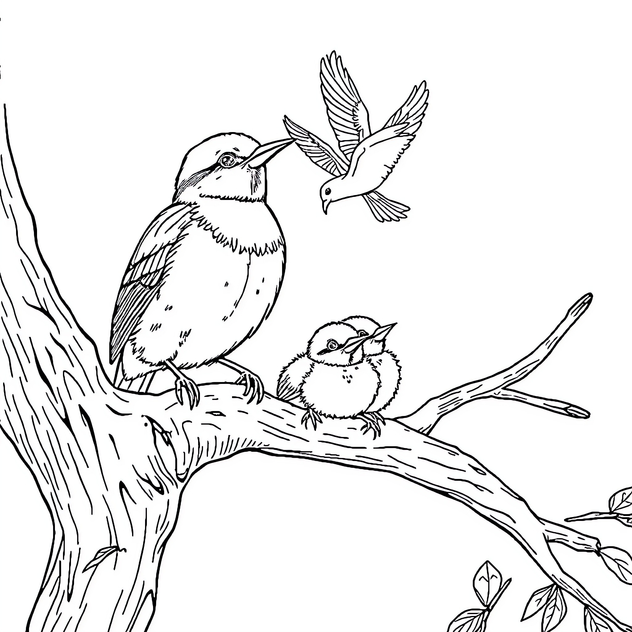 Bird pair perched on branch with flying companion Coloring Page (free black-and-white line drawing printable PDF for all, from beginners to advanced learners, including children, teens, adults, and seniors)