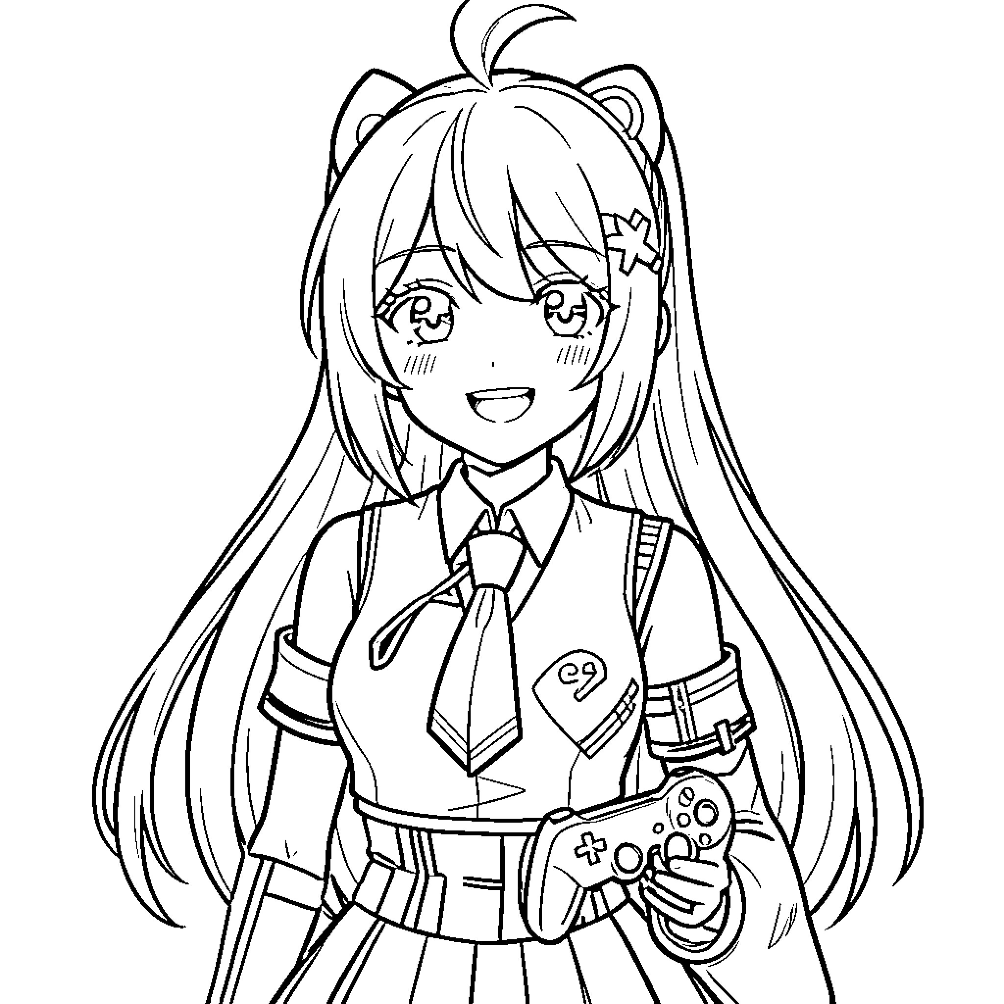 Hoshimachi Suisei smiling while holding a game controller Coloring Page (free black-and-white line drawing printable PDF for all, from beginners to advanced learners, including children, teens, adults, and seniors)