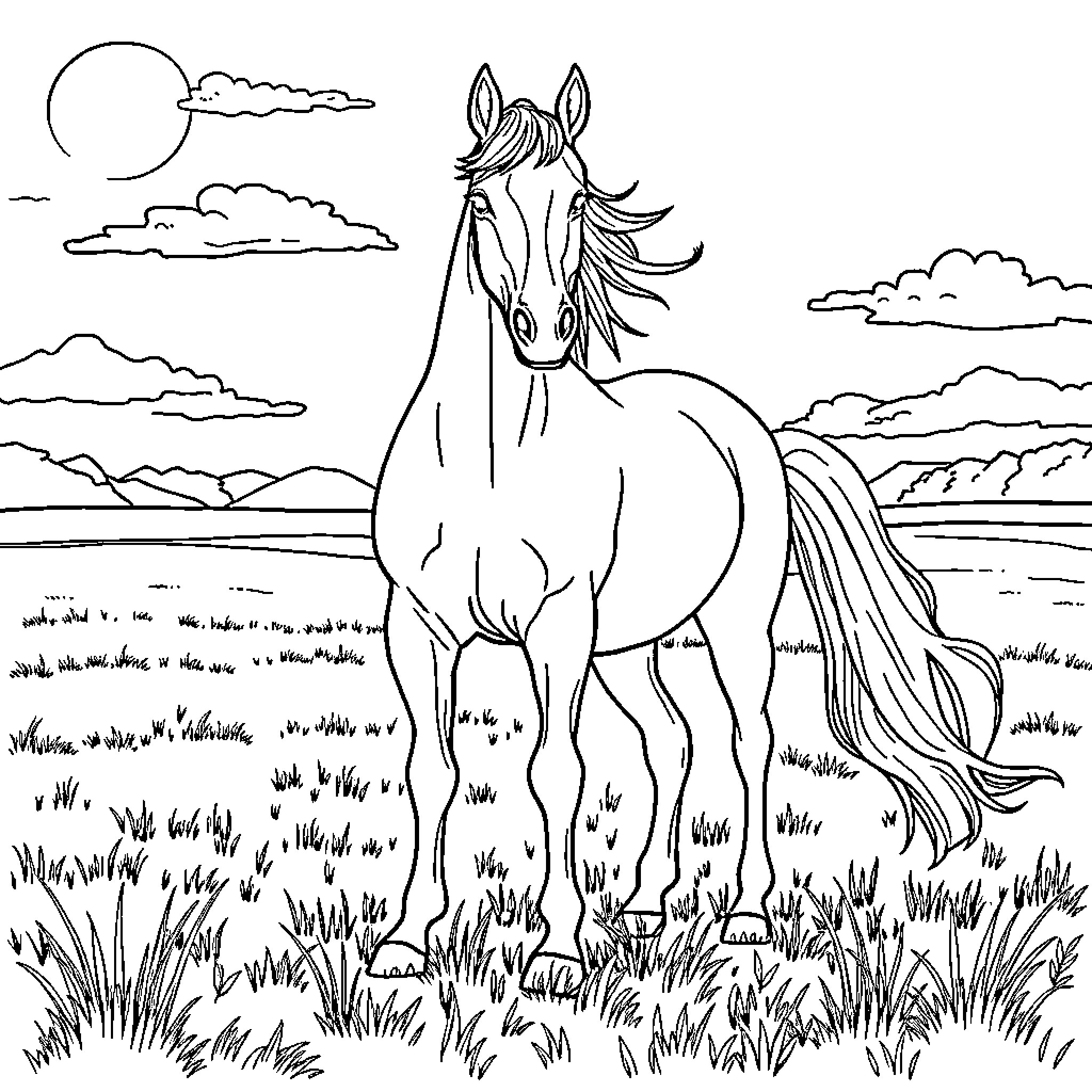 Horse standing proudly in a scenic landscape Coloring Page (free black-and-white line drawing printable PDF for all, from beginners to advanced learners, including children, teens, adults, and seniors)