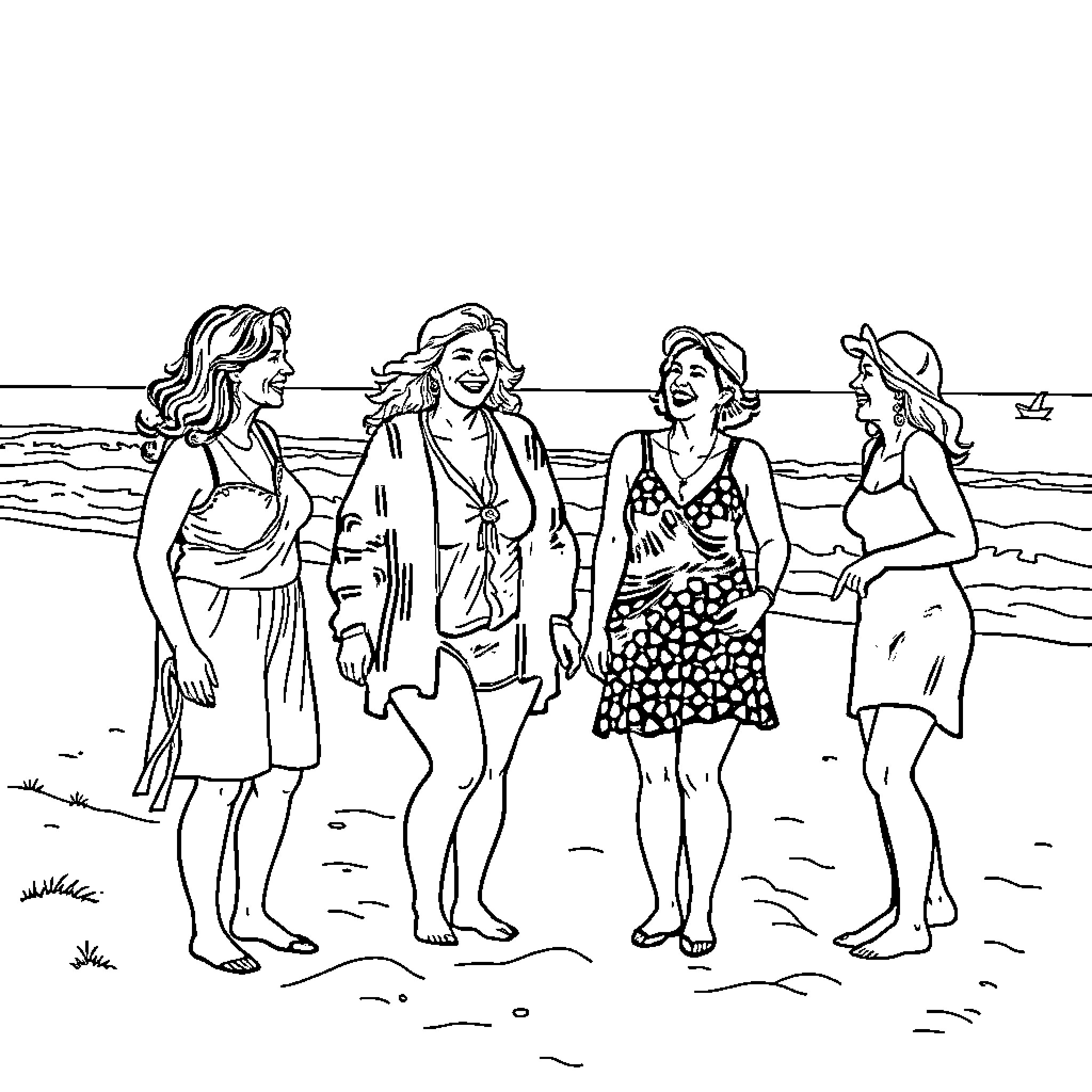 Women enjoying a day at the beach Coloring Page (free black-and-white line drawing printable PDF for all, from beginners to advanced learners, including children, teens, adults, and seniors)
