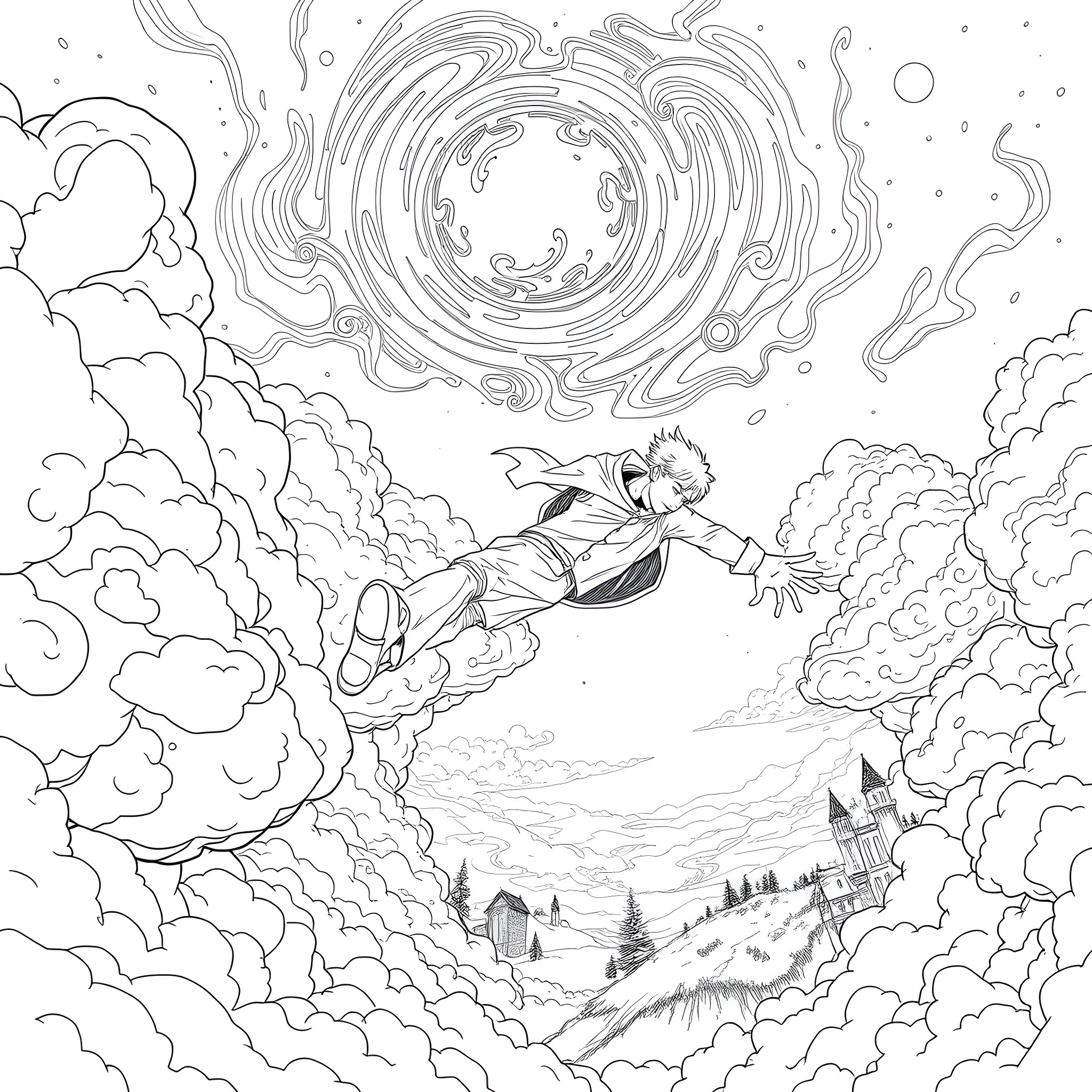Man flying through the clouds towards a mystical portal Coloring Page (free black-and-white line drawing printable PDF for all, from beginners to advanced learners, including children, teens, adults, and seniors)