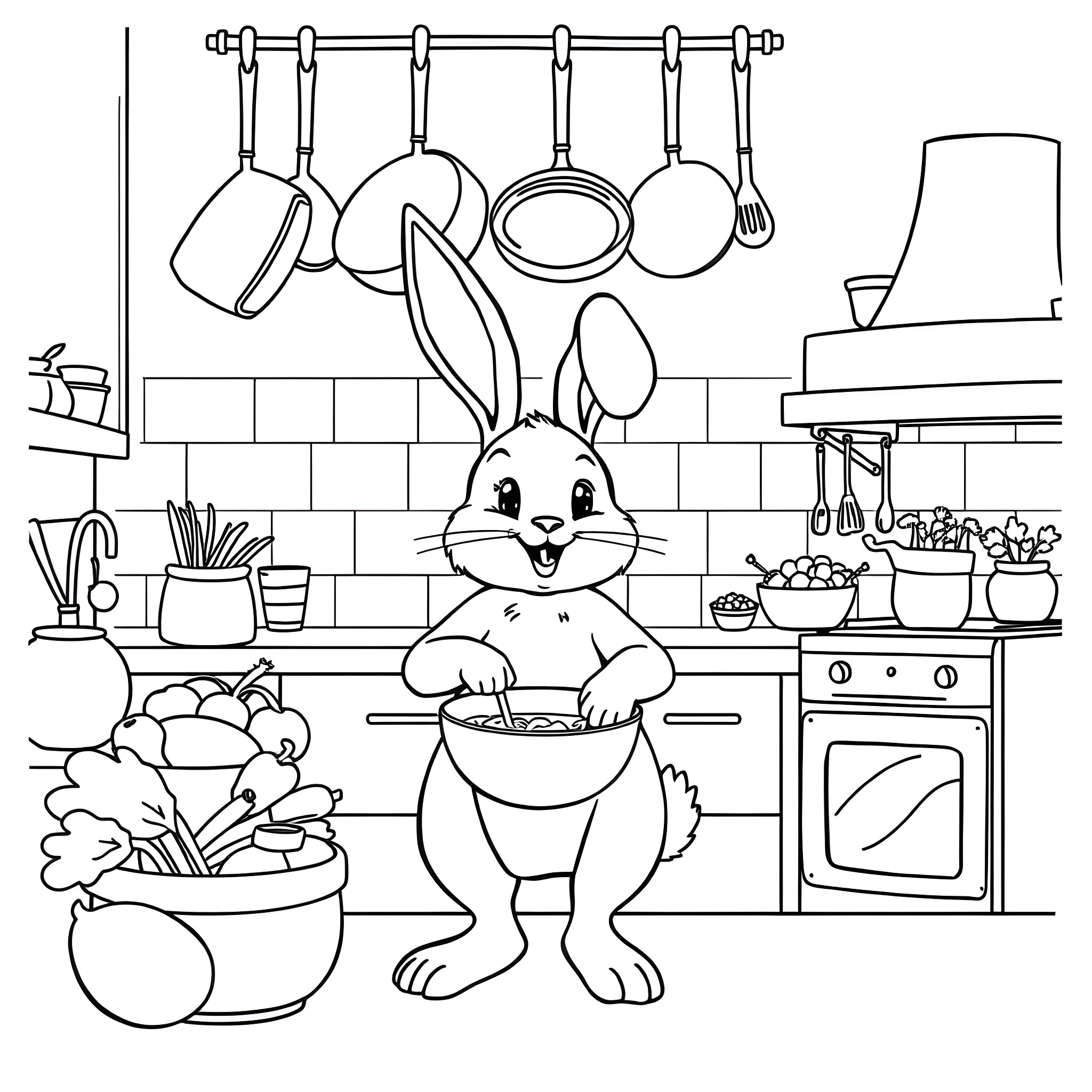 Bunny cooking in a cozy kitchen Coloring Page (free black-and-white line drawing printable PDF for all, from beginners to advanced learners, including children, teens, adults, and seniors)