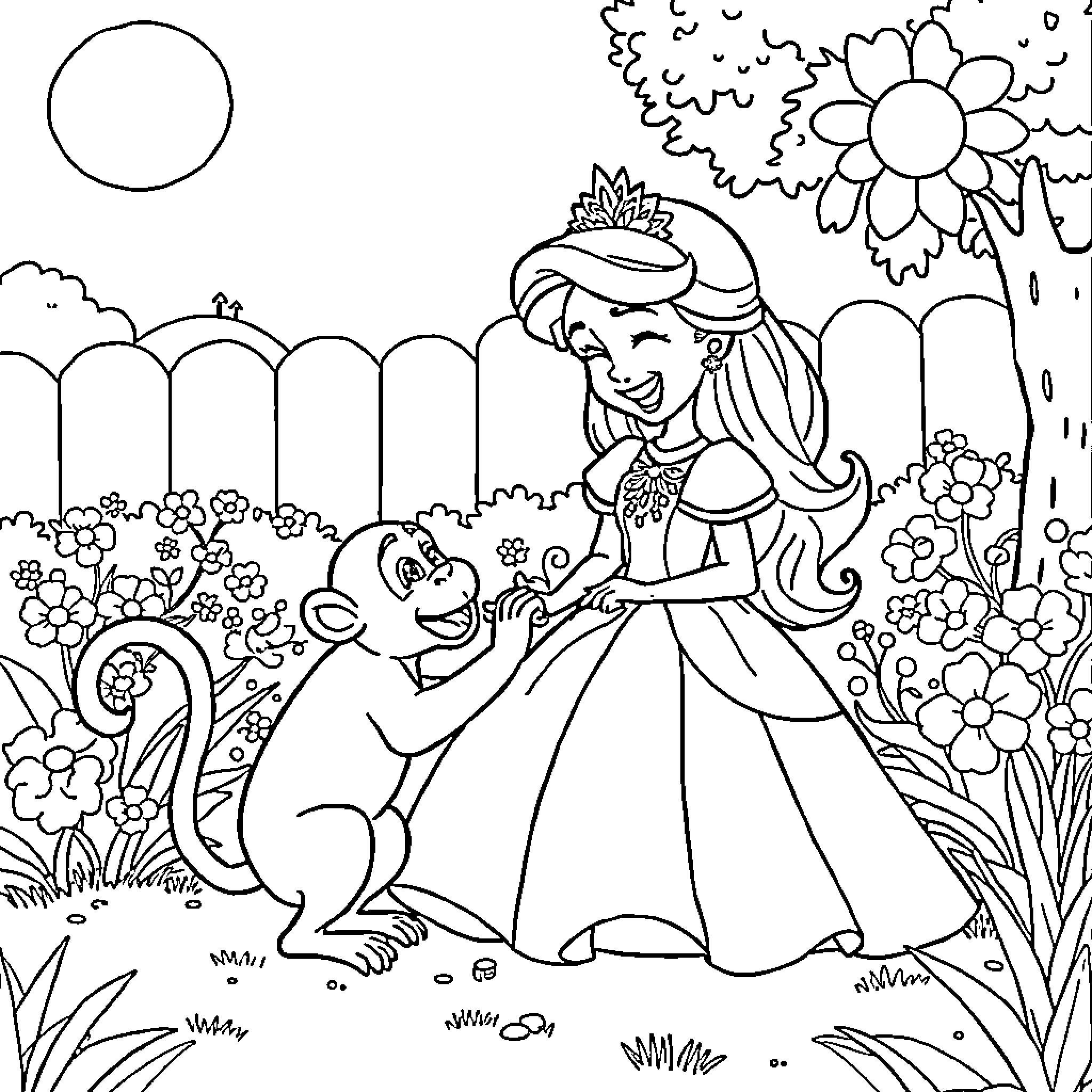 Princess Interacting Joyfully with Animal Companion Coloring Page (free black-and-white line drawing printable PDF for all, from beginners to advanced learners, including children, teens, adults, and seniors)