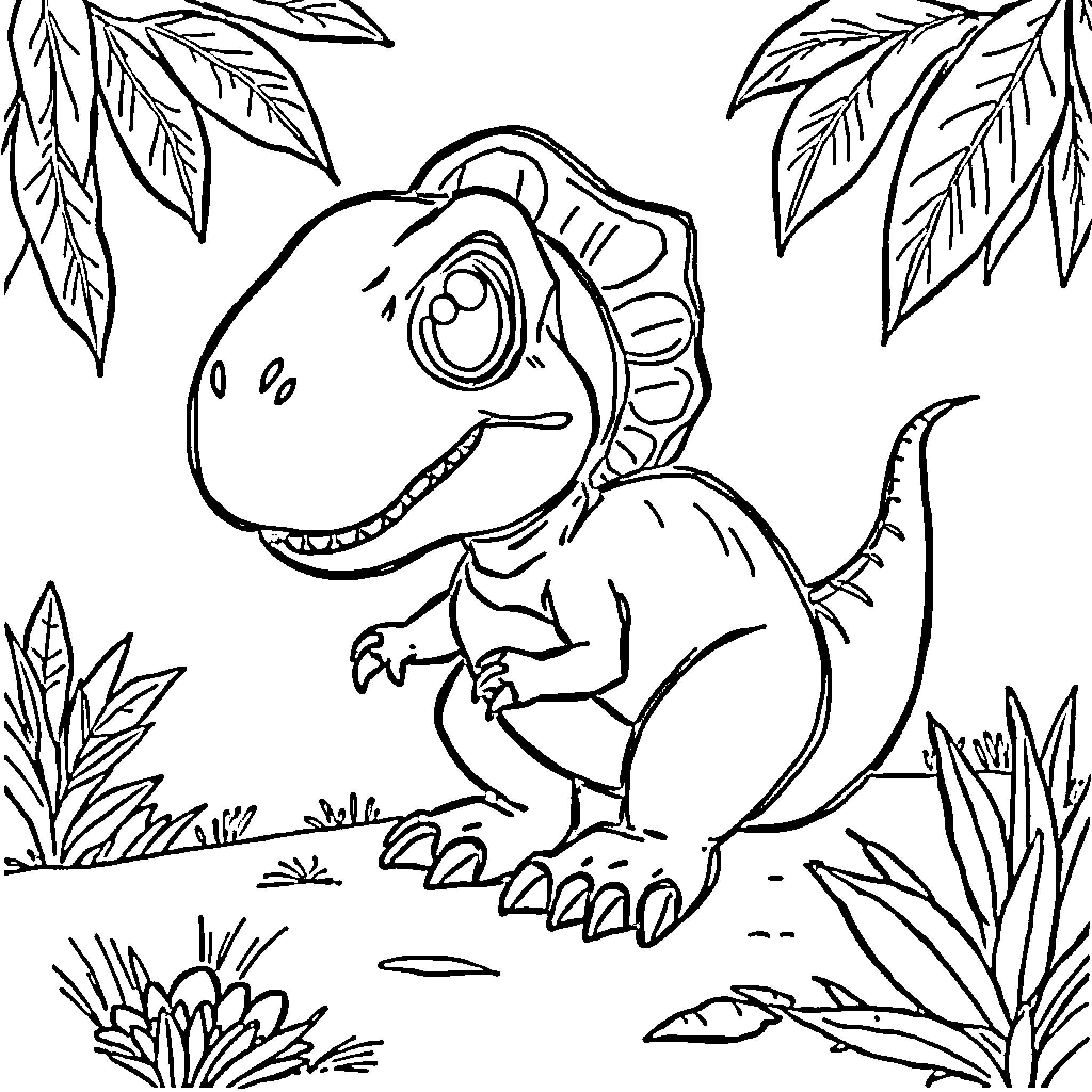 Baby T-Rex exploring the lush forest Coloring Page (free black-and-white line drawing printable PDF for all, from beginners to advanced learners, including children, teens, adults, and seniors)